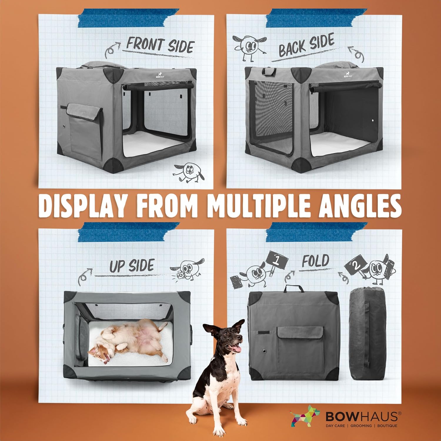BOWHAUS 36 Inch Portable Travel Dog Kennel for Medium Dogs with Durable Mesh Windows and 2 Storage Pockets