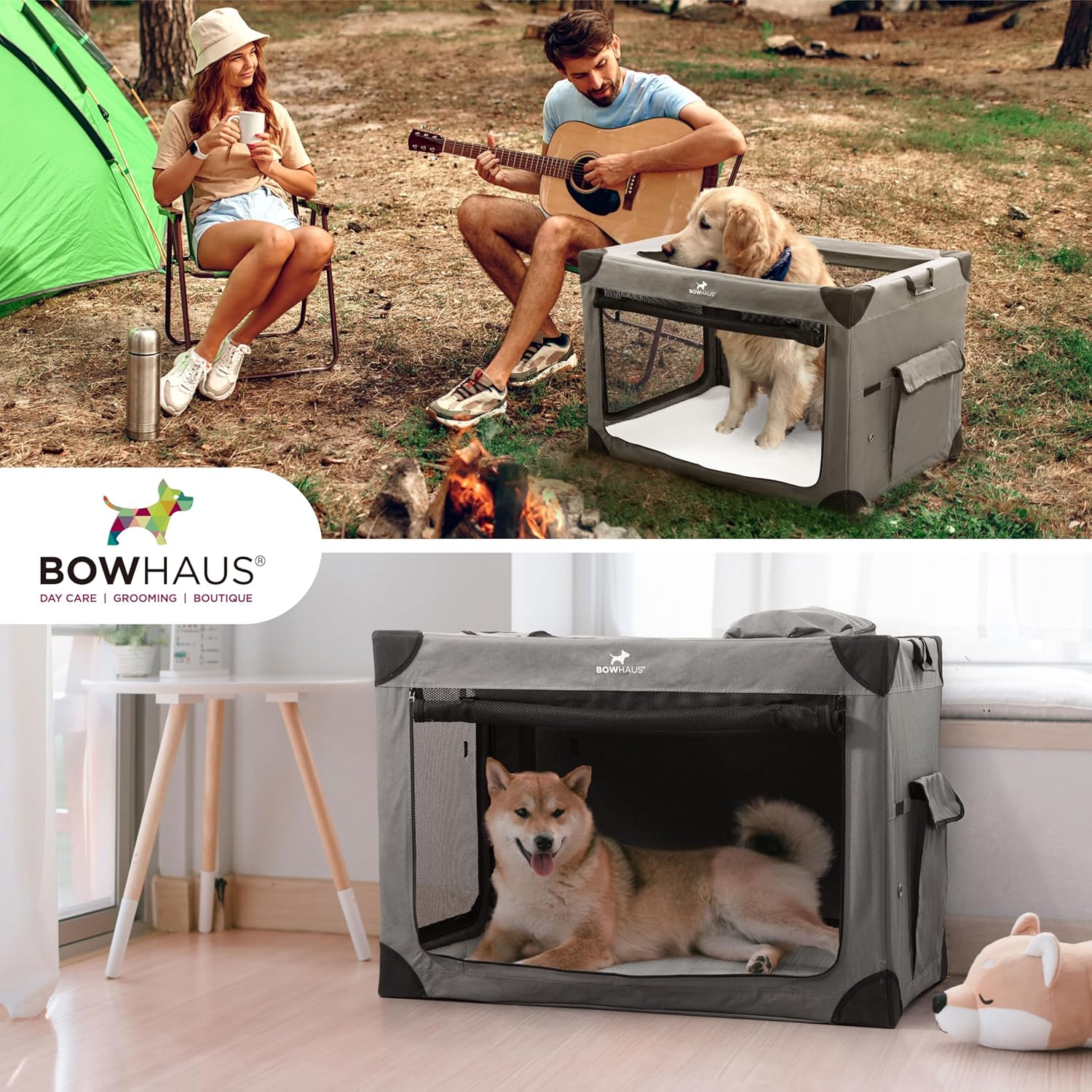 BOWHAUS 36 Inch Portable Travel Dog Kennel for Medium Dogs with Durable Mesh Windows and 2 Storage Pockets
