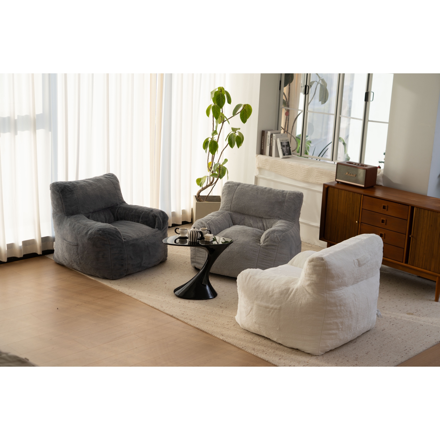 Blex Bean Bag Sofa Chair – Soft Faux Fur Cover High-Density Foam Filling Comfortable Floor Seat for Gaming Reading & Watching TV - White