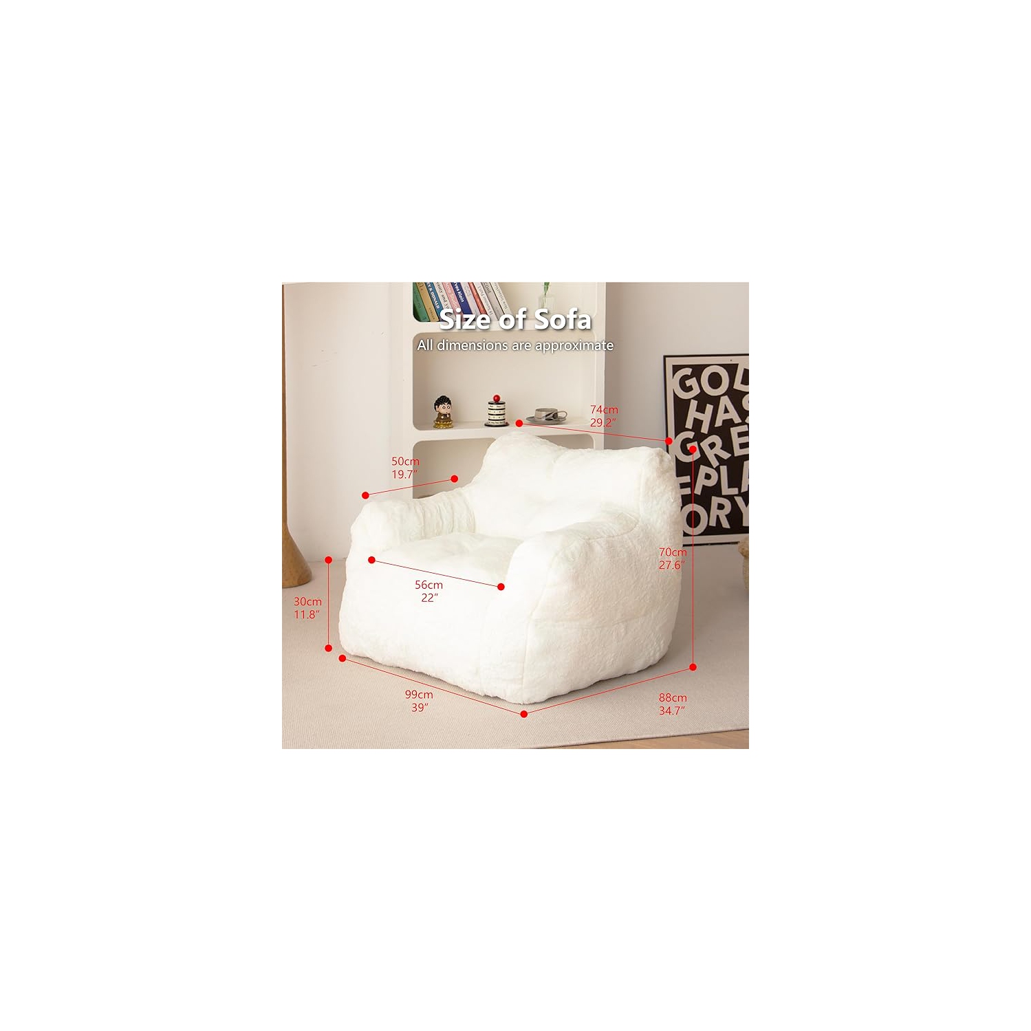 Blex Bean Bag Sofa Chair – Soft Faux Fur Cover High-Density Foam Filling Comfortable Floor Seat for Gaming Reading & Watching TV - White