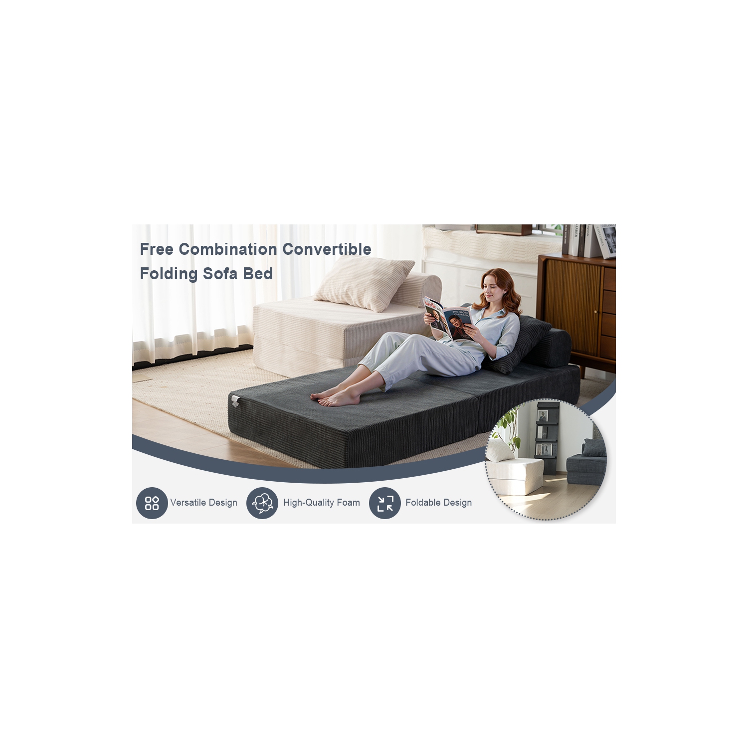 Canapé-lit de sol combiné Free de Blex – Canapé-lit pliant convertible | Fauteuil en mousse sans accoudoirs avec oreiller pour salon et chambre à