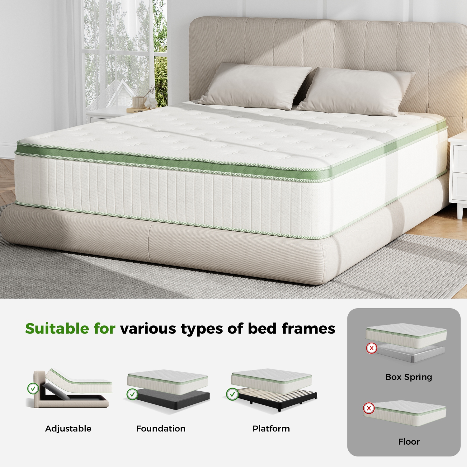 Vumece 10" Queen Size Hybrid Mattress in a Box, Memory Foam Layer & Individually Pocketed Coil for Pressure Relief, Medium Firm, CertiPUR-US