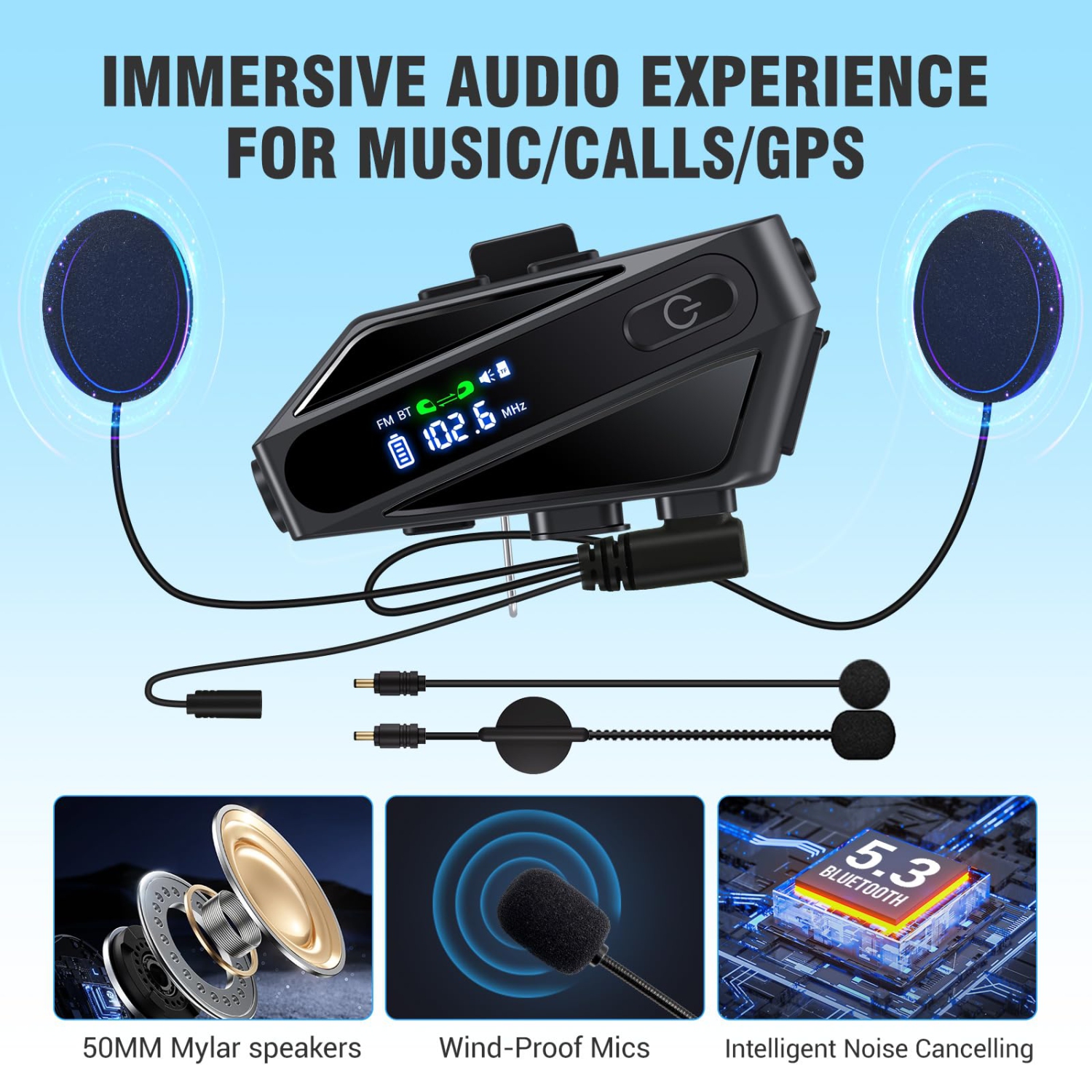 Casque de moto Casque Bluetooth, haut-parleurs de casque avec 2 micros, interphone Musique d'appel mains libres Réveil Siri, adapté au ski de