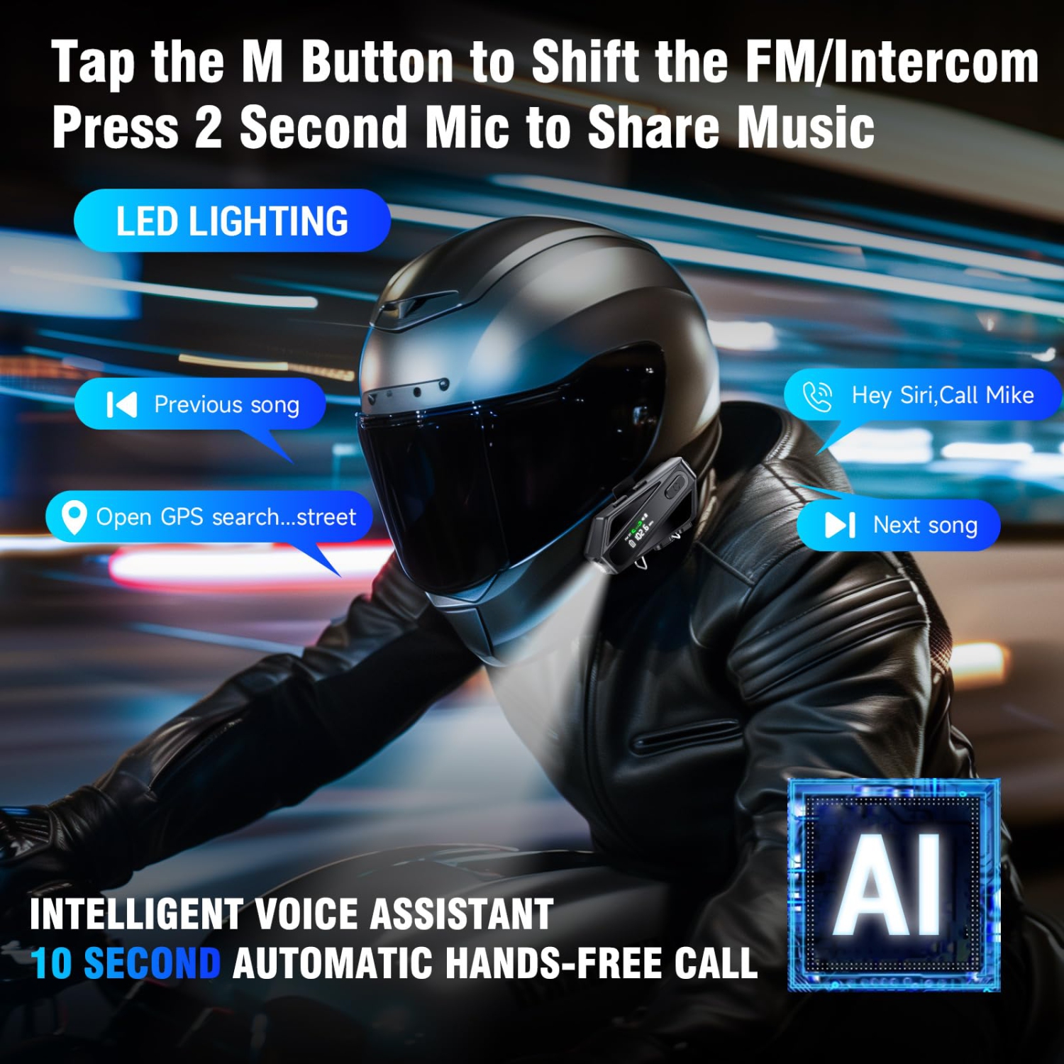 Casque de moto Casque Bluetooth, haut-parleurs de casque avec 2 micros, interphone Musique d'appel mains libres Réveil Siri, adapté au ski de