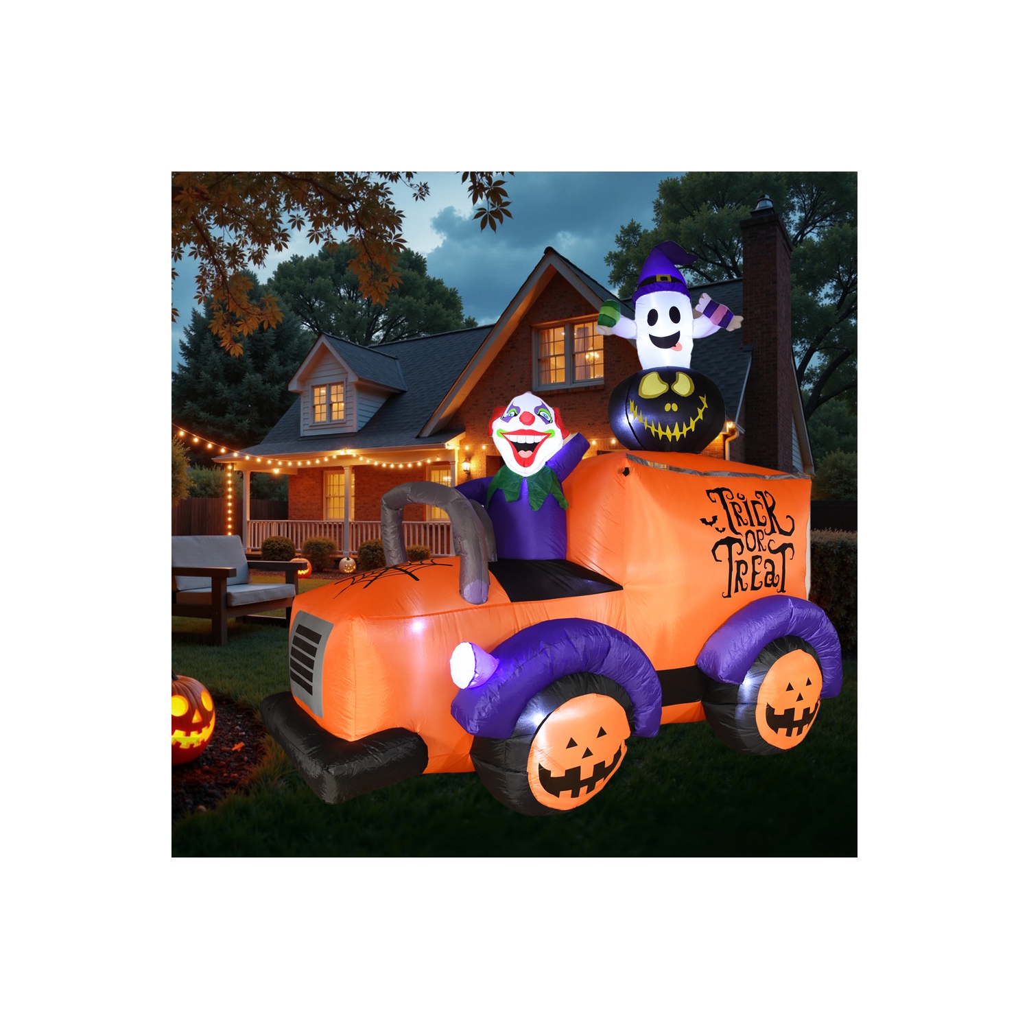 7.2ft Inflatable Halloween Truck, Clown Driving Truck with Ghosts and Exploding Pumpkin Halloween Decorations, Built-In LED, for Yard Party