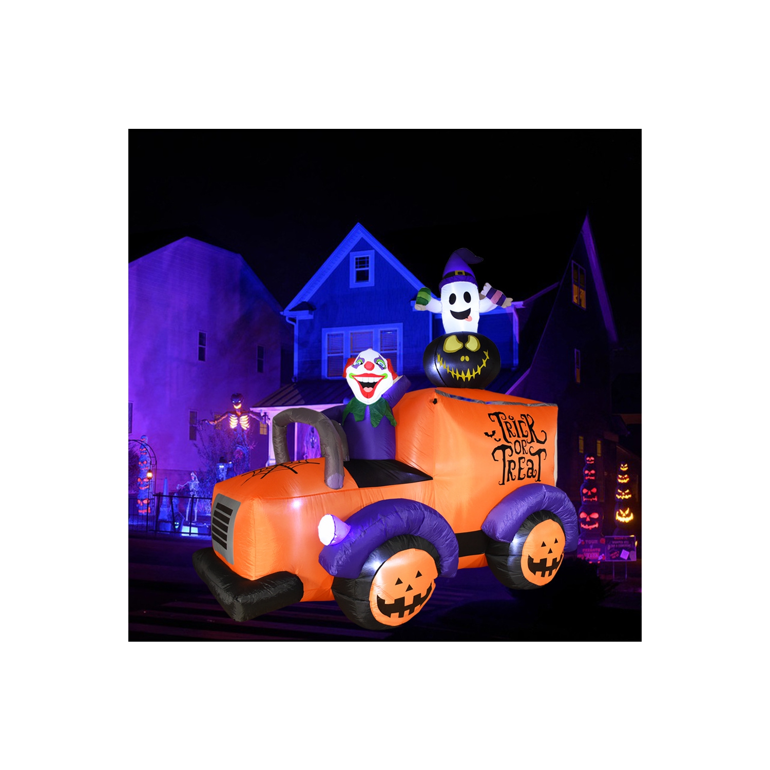 7.2ft Inflatable Halloween Truck, Clown Driving Truck with Ghosts and Exploding Pumpkin Halloween Decorations, Built-In LED, for Yard Party