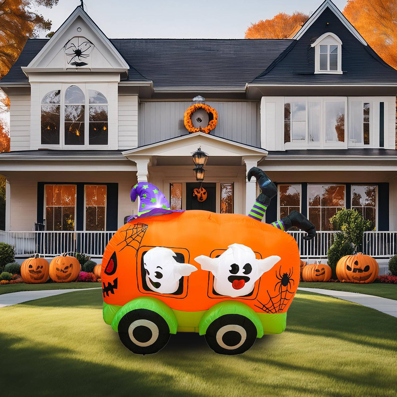 Inflatable Halloween Retro Bus with Built-In LED Light Blower for Holiday Decoration in Garden, Yard, and Outdoors