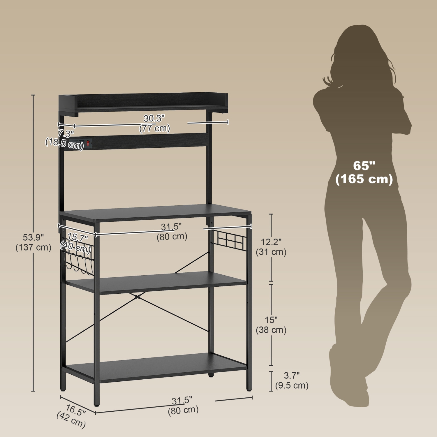 HOMCOM Kitchen Bakers Rack with Power Outlet, Microwave Stand, Coffee Bar with Adjustable Shelves, 5 Hooks for Spices, Pots and Pans, Distressed Black