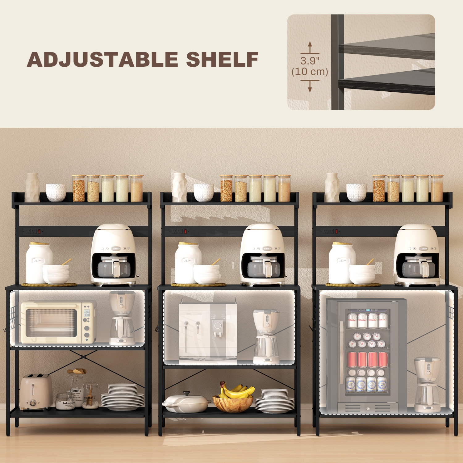 HOMCOM Kitchen Bakers Rack with Power Outlet, Microwave Stand, Coffee Bar with Adjustable Shelves, 5 Hooks for Spices, Pots and Pans, Distressed Black