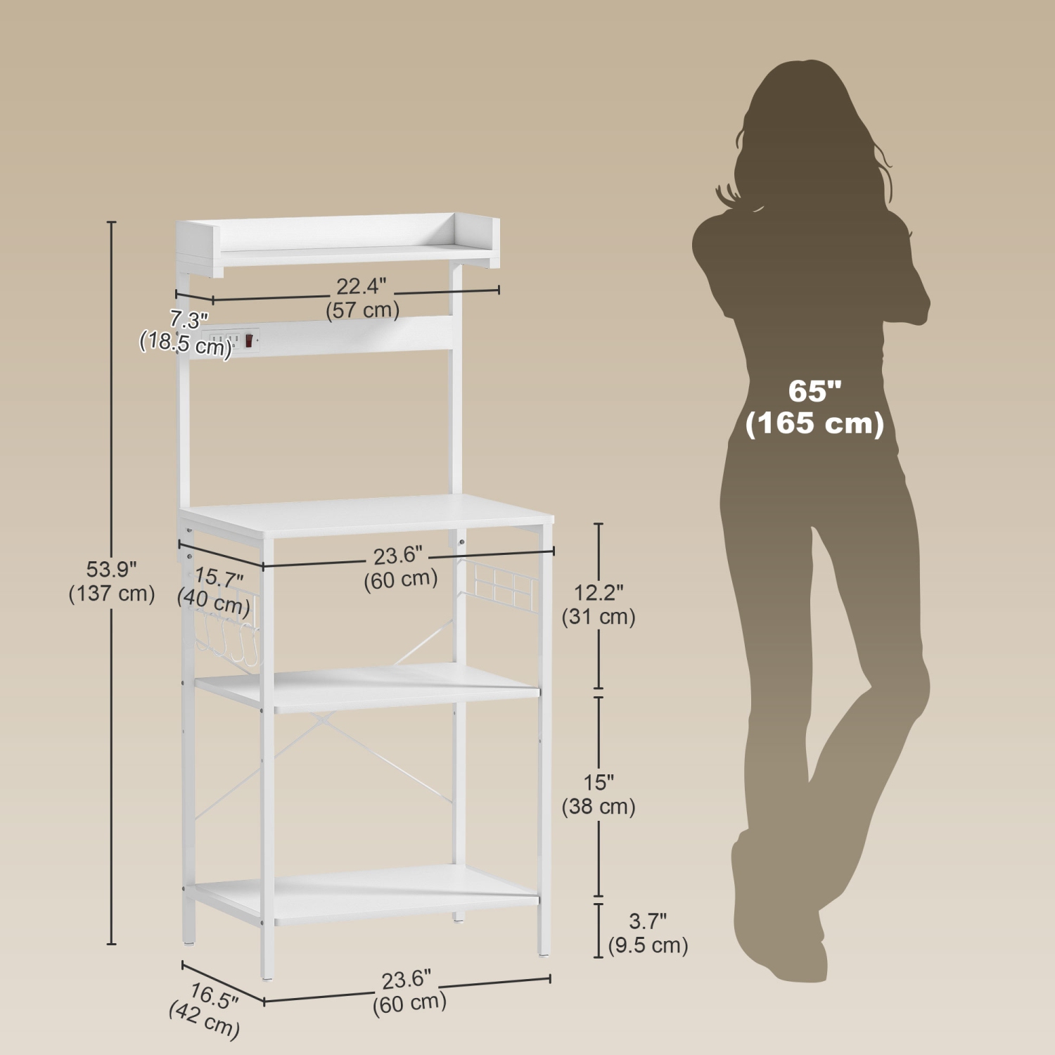 HOMCOM Kitchen Bakers Rack with Power Outlet, Microwave Stand, Coffee Bar with Adjustable Shelves, 5 Hooks for Spices, Pots and Pans, Distressed White