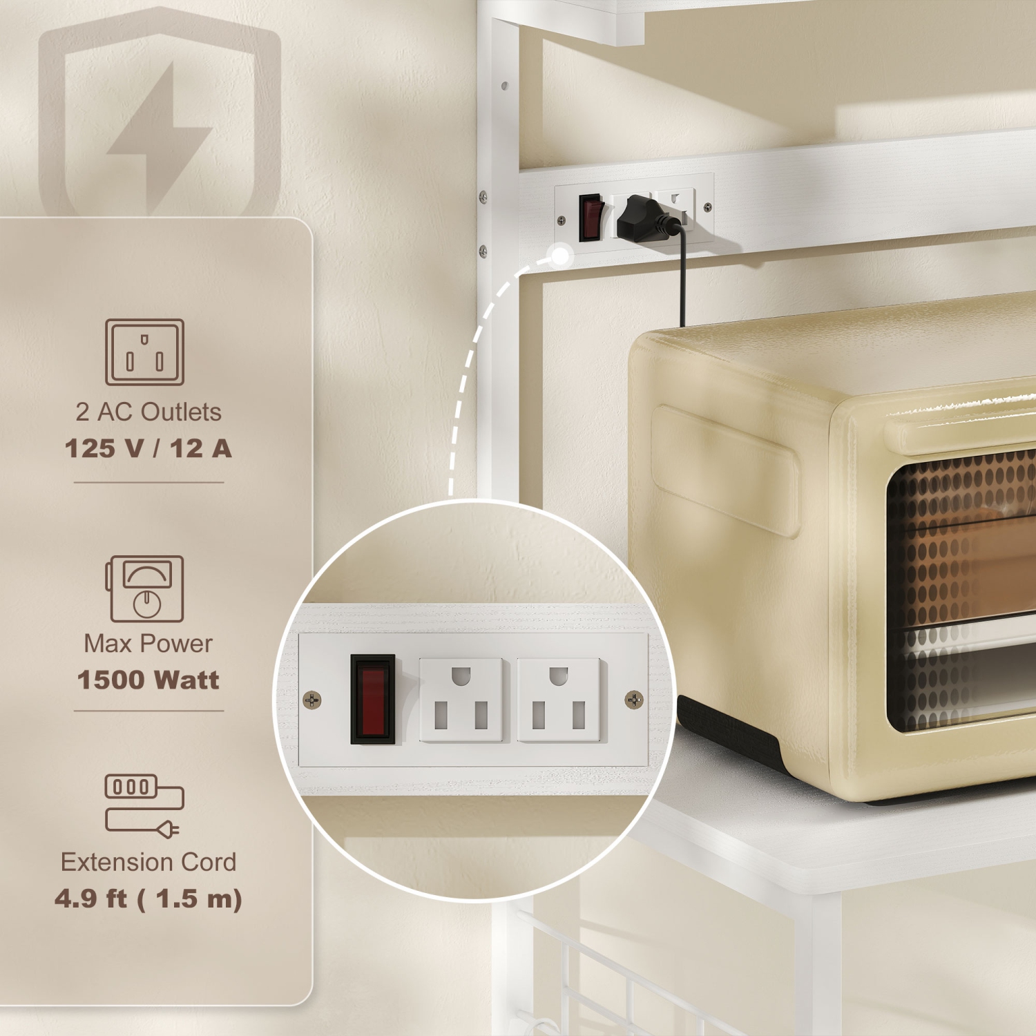 HOMCOM Kitchen Bakers Rack with Power Outlet, Microwave Stand, Coffee Bar with Adjustable Shelves, 5 Hooks for Spices, Pots and Pans, Distressed White