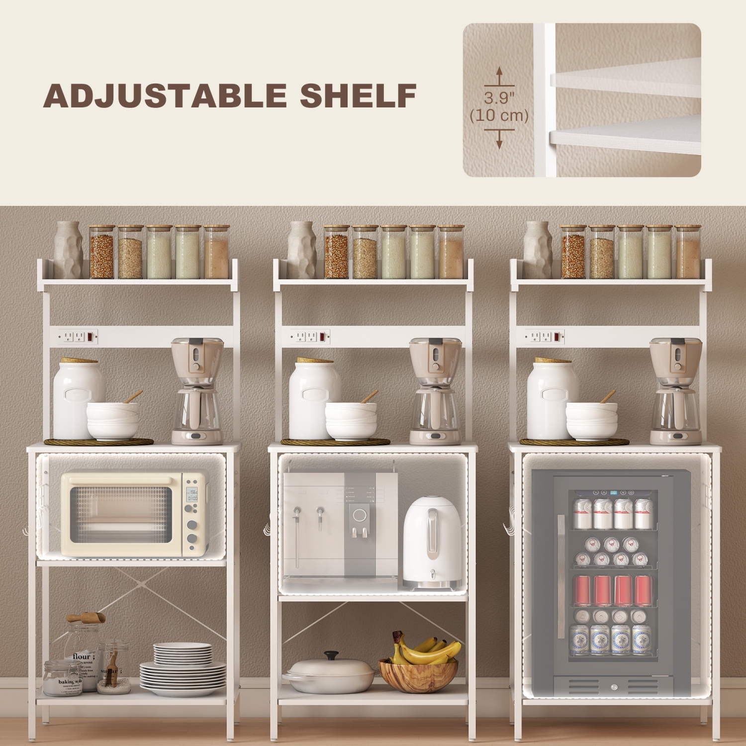 HOMCOM Kitchen Bakers Rack with Power Outlet, Microwave Stand, Coffee Bar with Adjustable Shelves, 5 Hooks for Spices, Pots and Pans, Distressed White