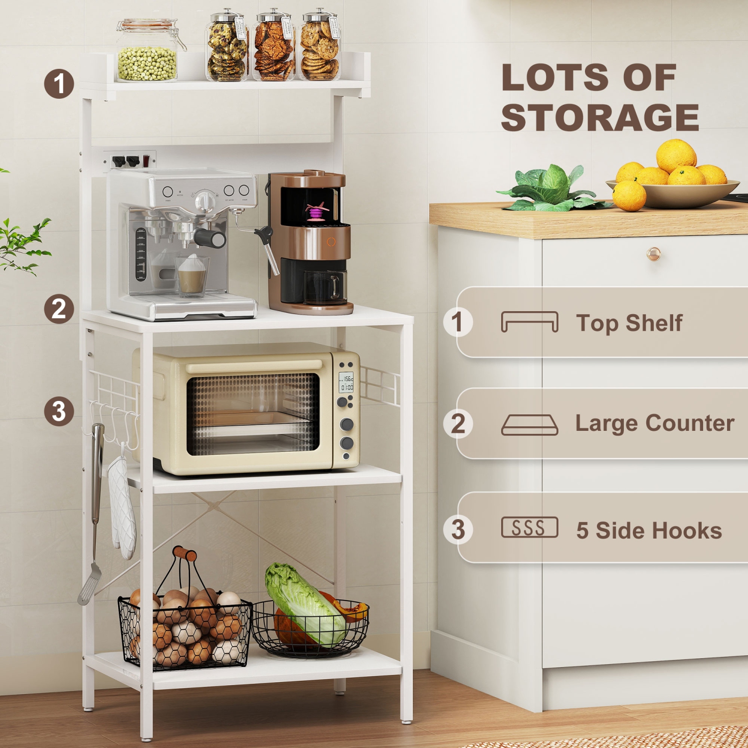 HOMCOM Kitchen Bakers Rack with Power Outlet, Microwave Stand, Coffee Bar with Adjustable Shelves, 5 Hooks for Spices, Pots and Pans, Distressed White