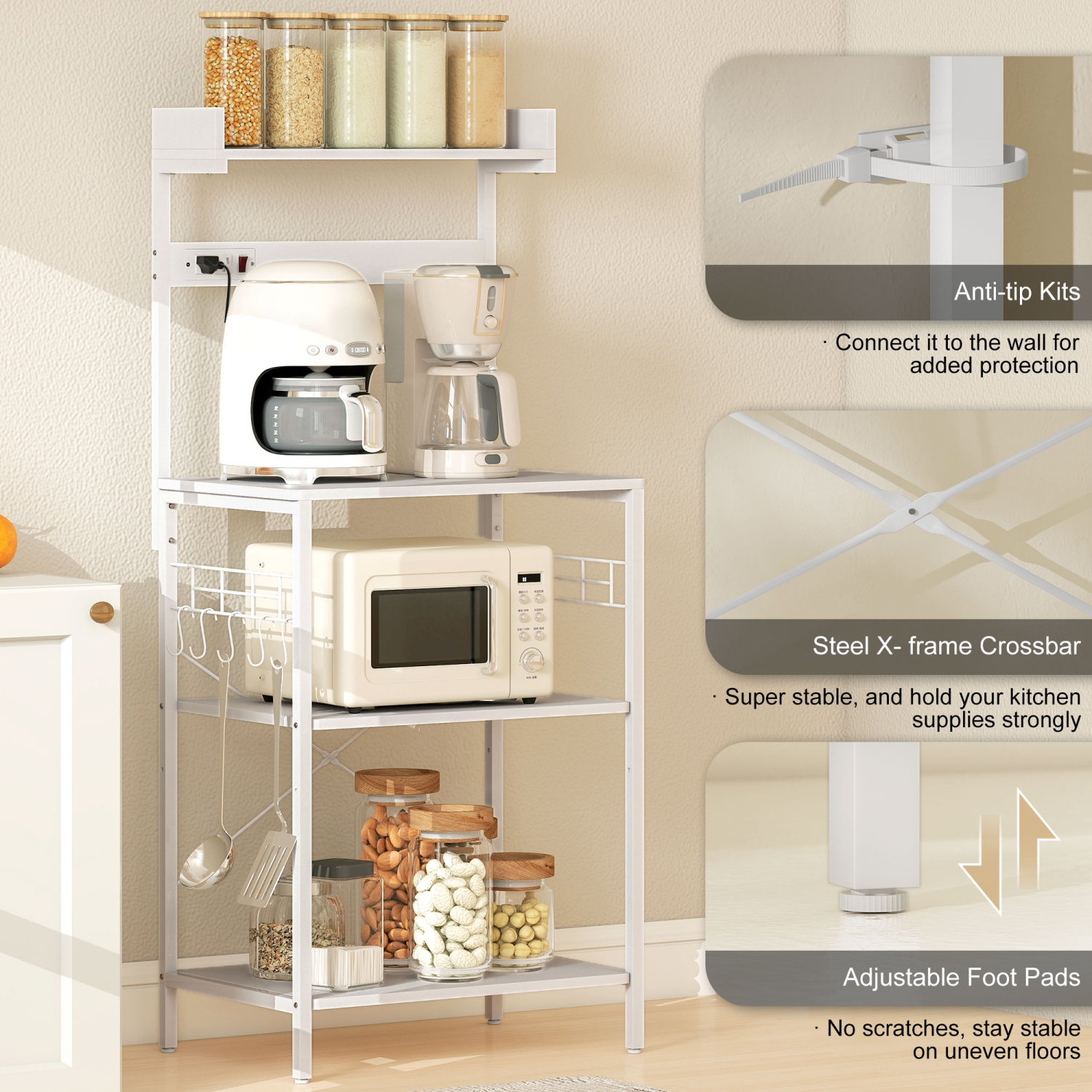 HOMCOM Kitchen Bakers Rack with Power Outlet, Microwave Stand, Coffee Bar with Adjustable Shelves, 5 Hooks for Spices, Pots and Pans, Distressed White
