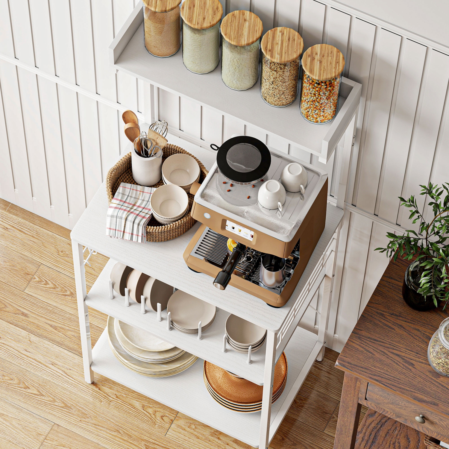 HOMCOM Kitchen Bakers Rack with Power Outlet, Microwave Stand, Coffee Bar with Adjustable Shelves, 5 Hooks for Spices, Pots and Pans, Distressed White