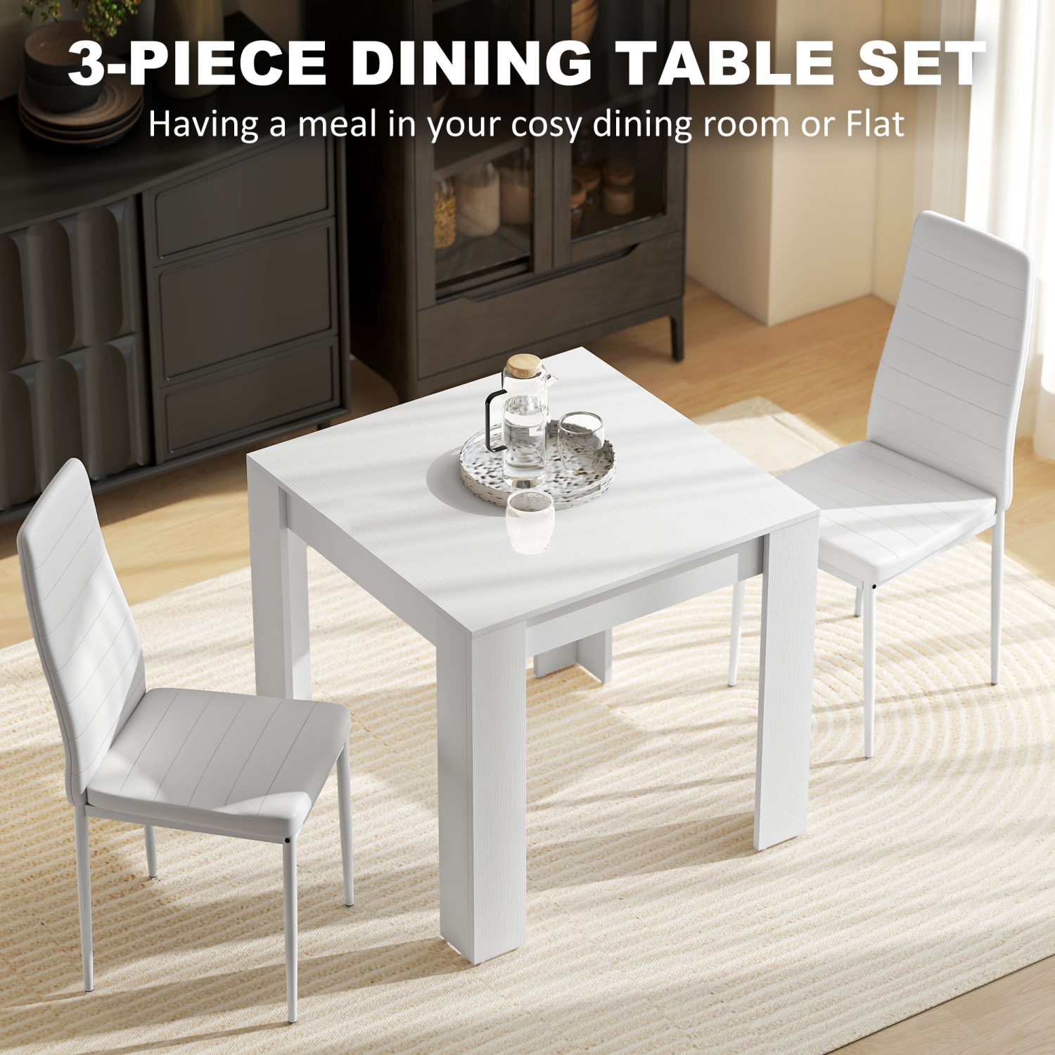 HOMCOM Dining Table Set for 2, 3 Piece Kitchen Table and Chairs with Steel Legs and High Back, Space-Saving Square Table and Upholstered Chairs for