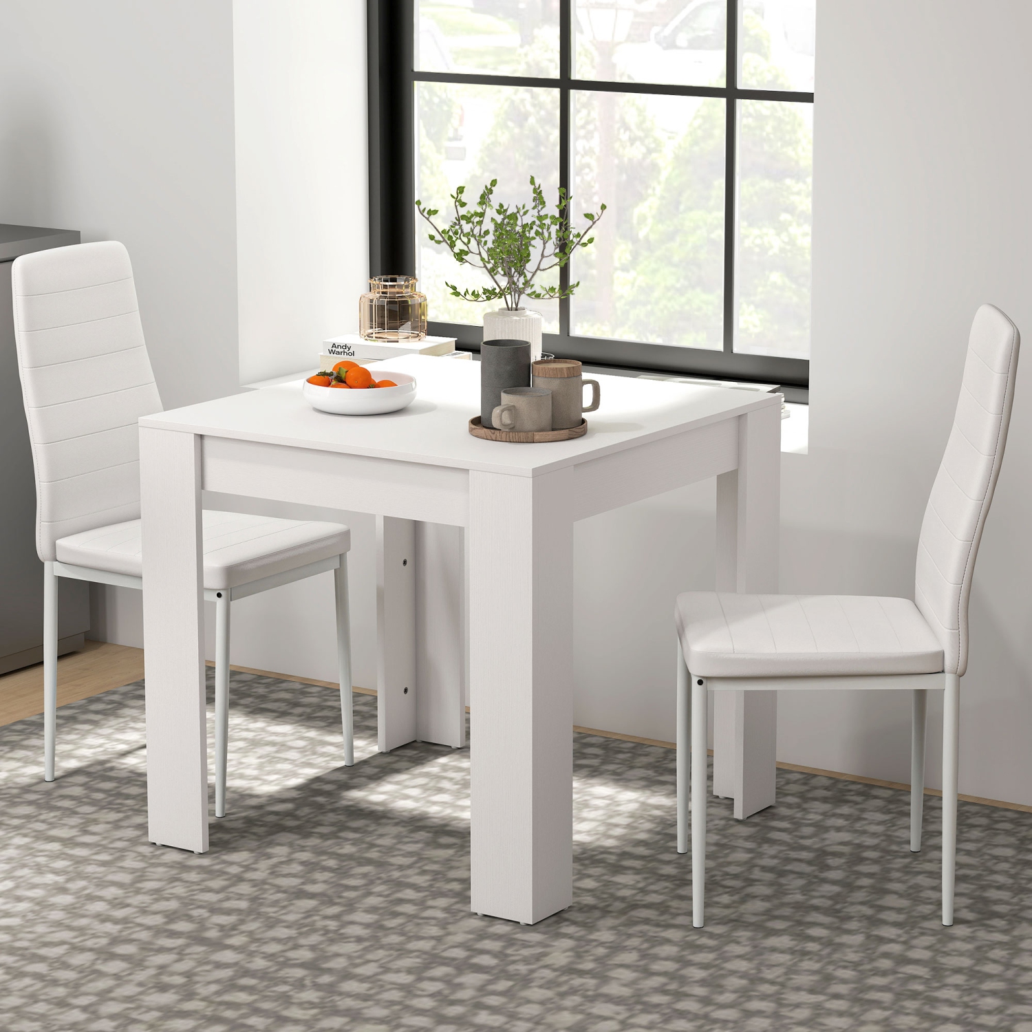 HOMCOM Dining Table Set for 2, 3 Piece Kitchen Table and Chairs with Steel Legs and High Back, Space-Saving Square Table and Upholstered Chairs for