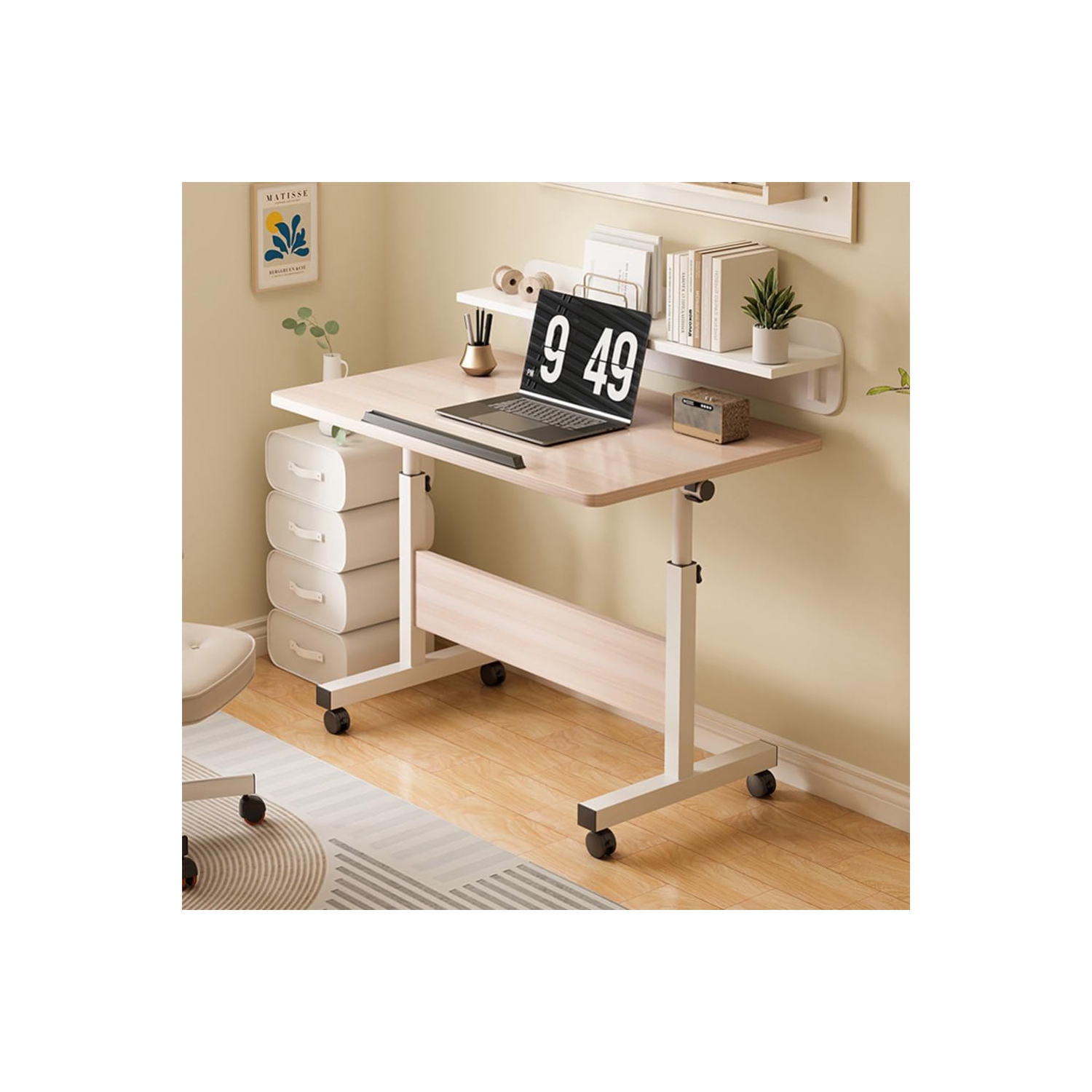 Portable Laptop Standing Desk Adjustable Height with Wheels for Home Office, Beige