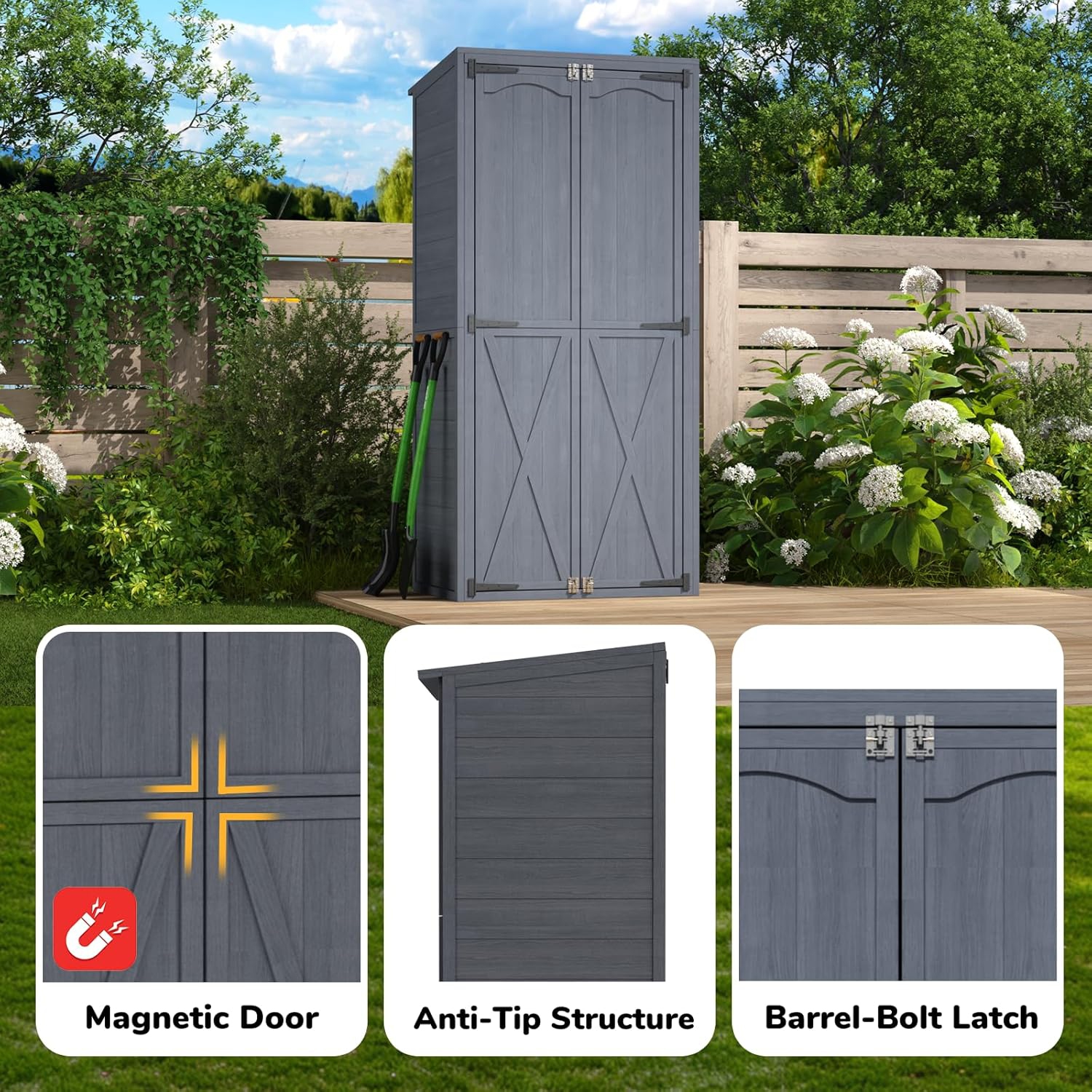 AECOJOY Outdoor Wooden Storage Cabinet Weatherproof, Garden Storage Shed with 3 Adjustable Shelves