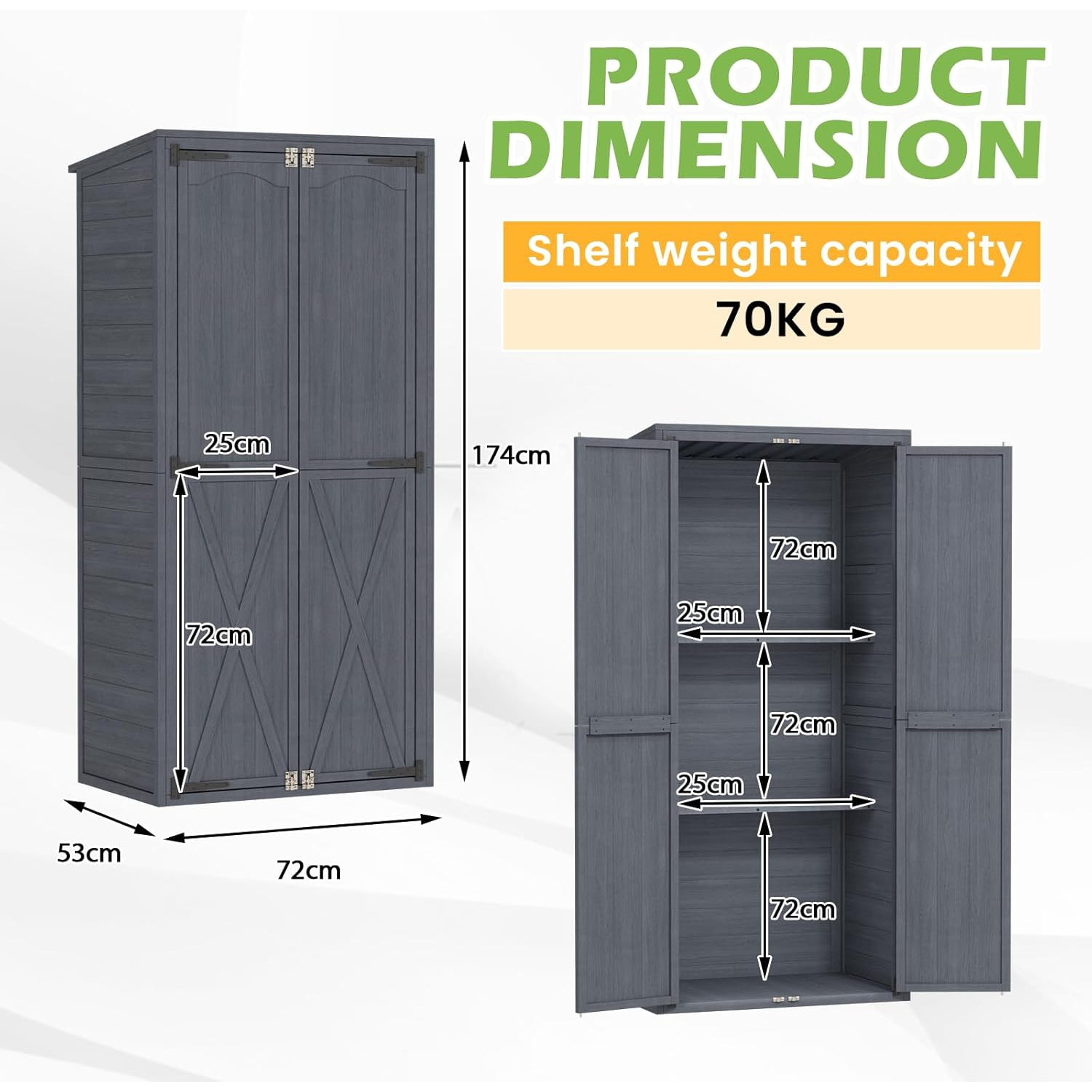 AECOJOY Outdoor Wooden Storage Cabinet Weatherproof, Garden Storage Shed with 3 Adjustable Shelves