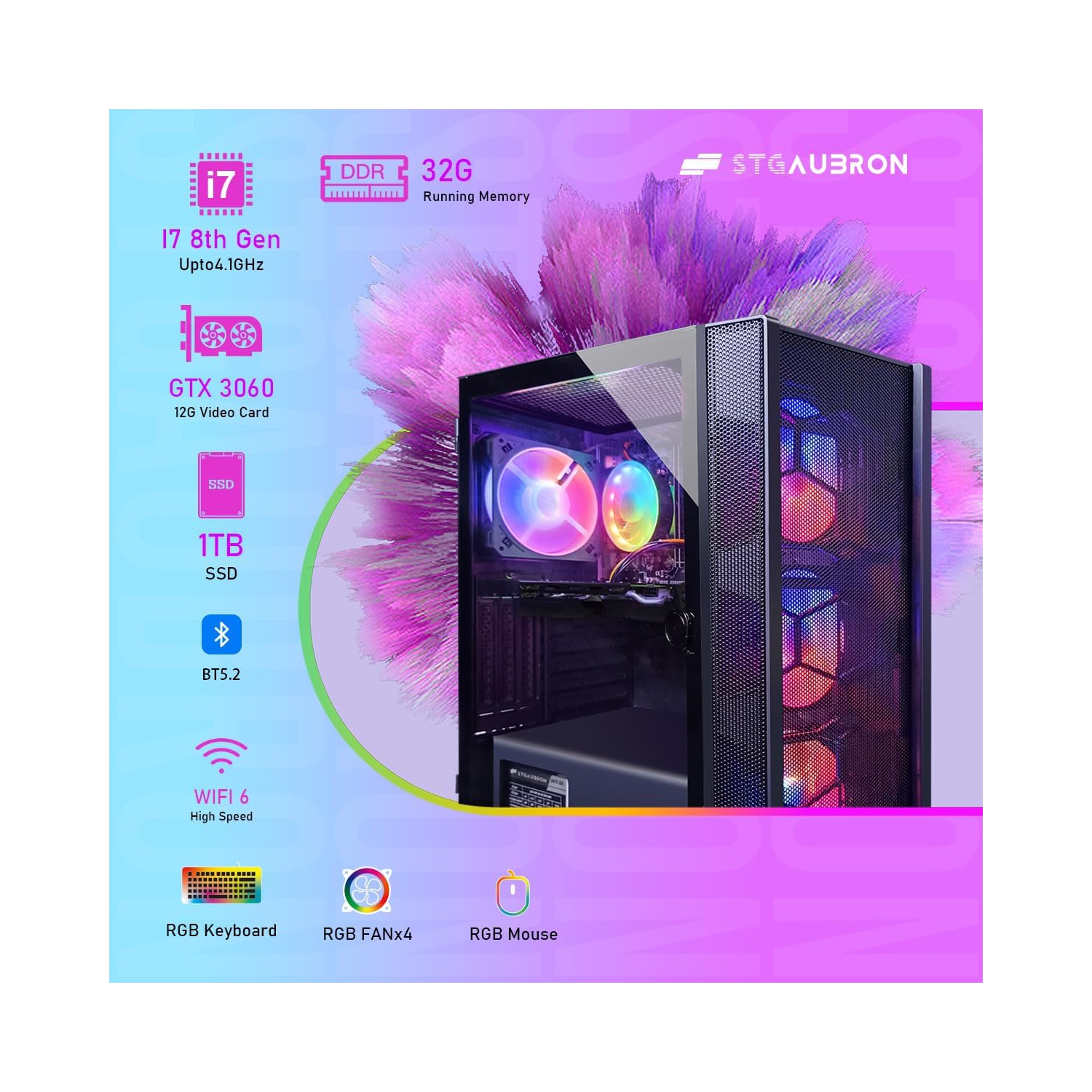 STGAubron Gaming PC Computer Desktop, Intel Core i7 8th Gen up to 4.1GHz, GeForce RTX 3060 12G, 32G DDR4, 1T SSD, WIN11H