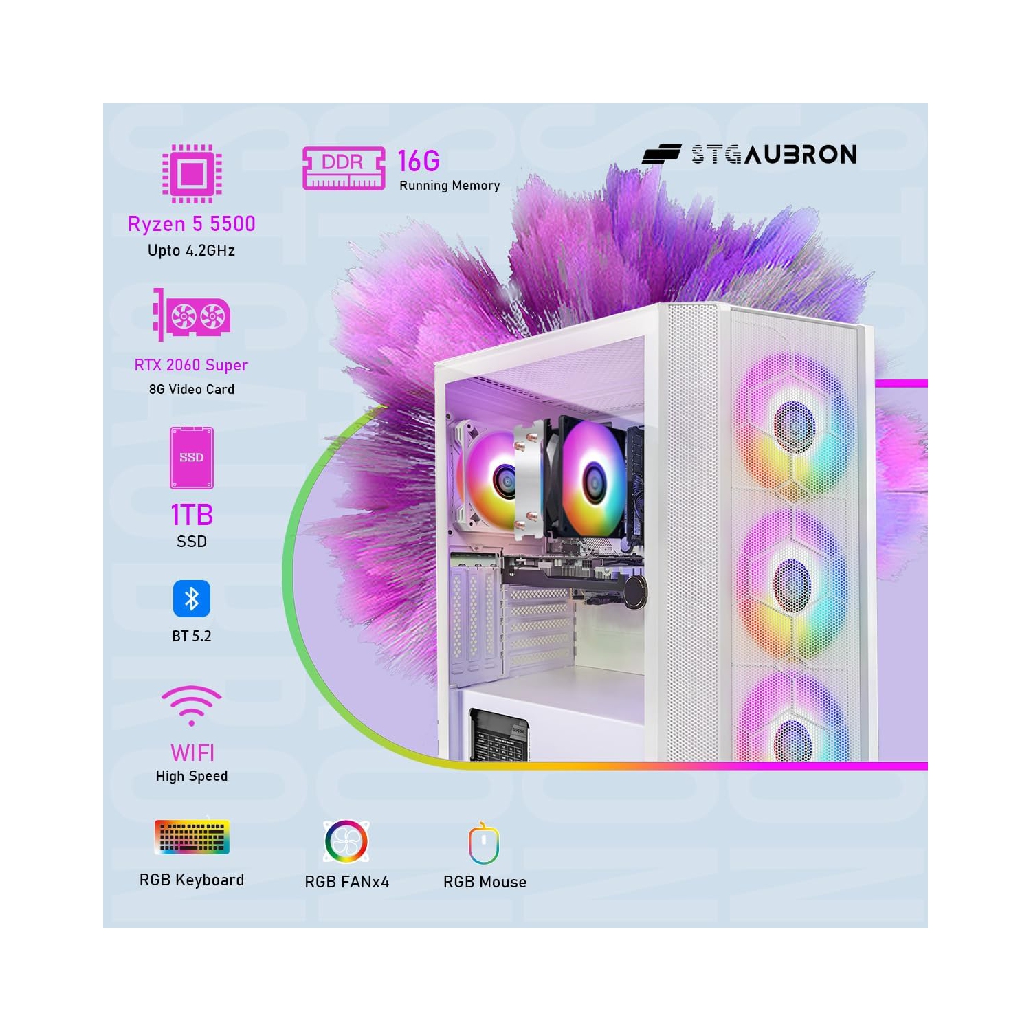 STGAubron Gaming PC Computer Desktop, AMD Ryzen 5 5500G up to 4.2G, GeForce RTX 2060 Super 8G, 16G DDR4, 1T SSD, WIN11H