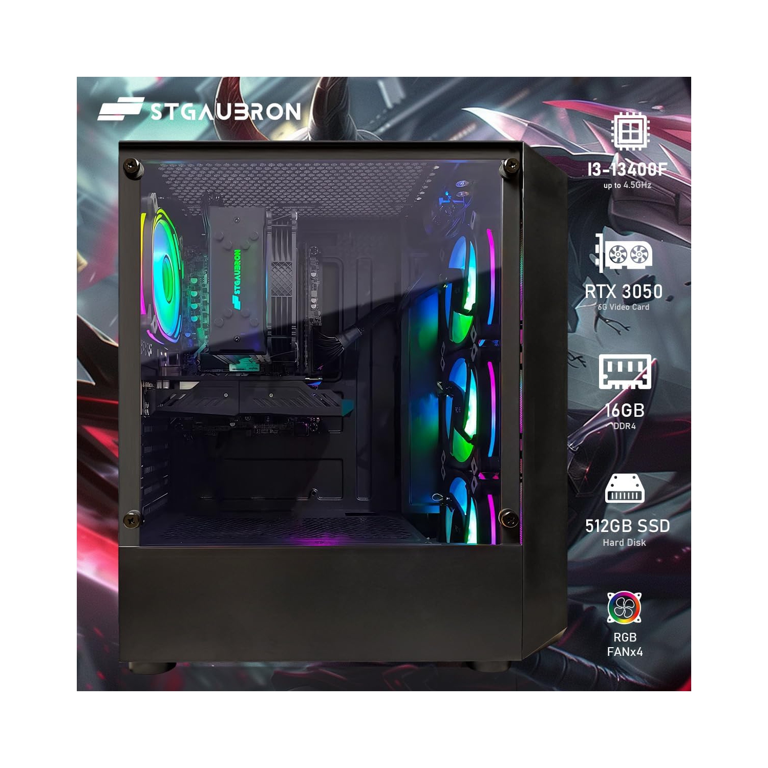 STGAubron Gaming PC Desktop, Intel Core i5-13400F up to 5.0Ghz, GeForce RTX 3050 6G, 16G DDR4 RAM, 512G SSD, Win11H