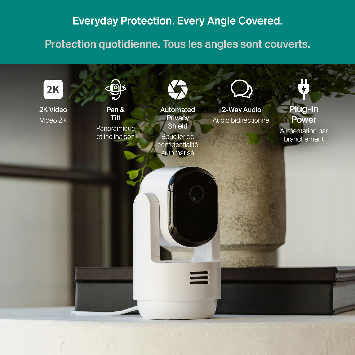 Caméra de surveillance d'intérieur 2K panoramique/inclinable à brancher avec fil Arlo - Blanc