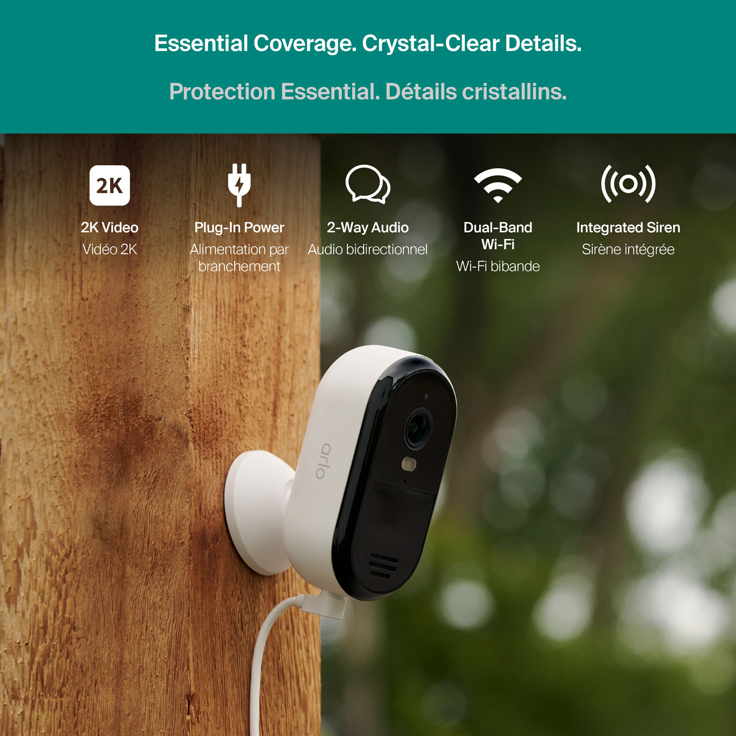 Caméra de surveillance d'extérieur 2K à brancher avec fil Arlo Essential - Blanc