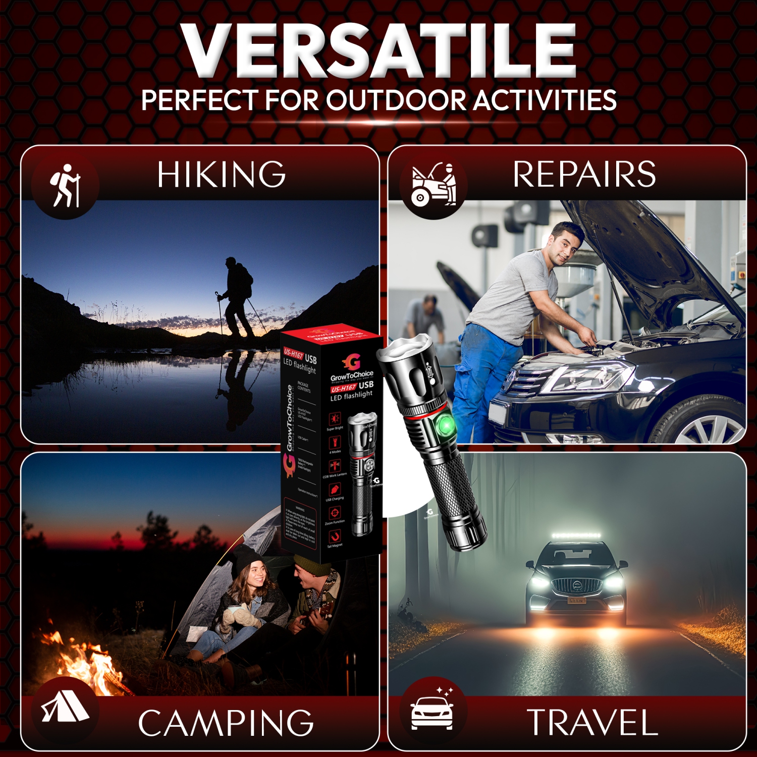 GrowToChoice Rechargeable LED Flashlight Camping Gear Must Haves