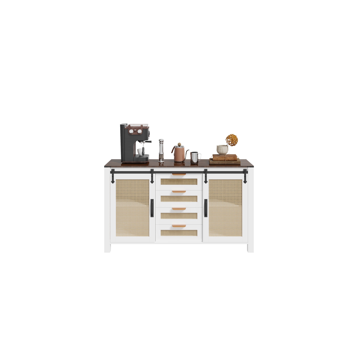 AECOJOY – Buffet en rotin avec rangement, armoire de cuisine Farmhouse avec portes de grange coulissantes et 4 tiroirs, blanc