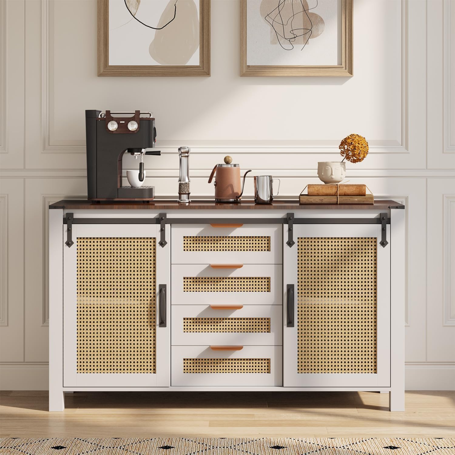 AECOJOY – Buffet en rotin avec rangement, armoire de cuisine Farmhouse avec portes de grange coulissantes et 4 tiroirs, blanc