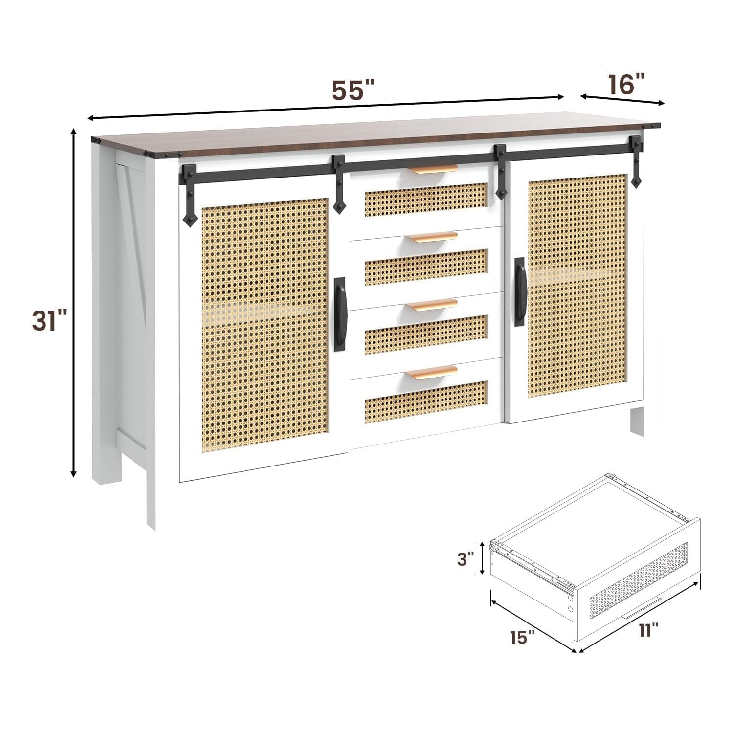 AECOJOY – Buffet en rotin avec rangement, armoire de cuisine Farmhouse avec portes de grange coulissantes et 4 tiroirs, blanc