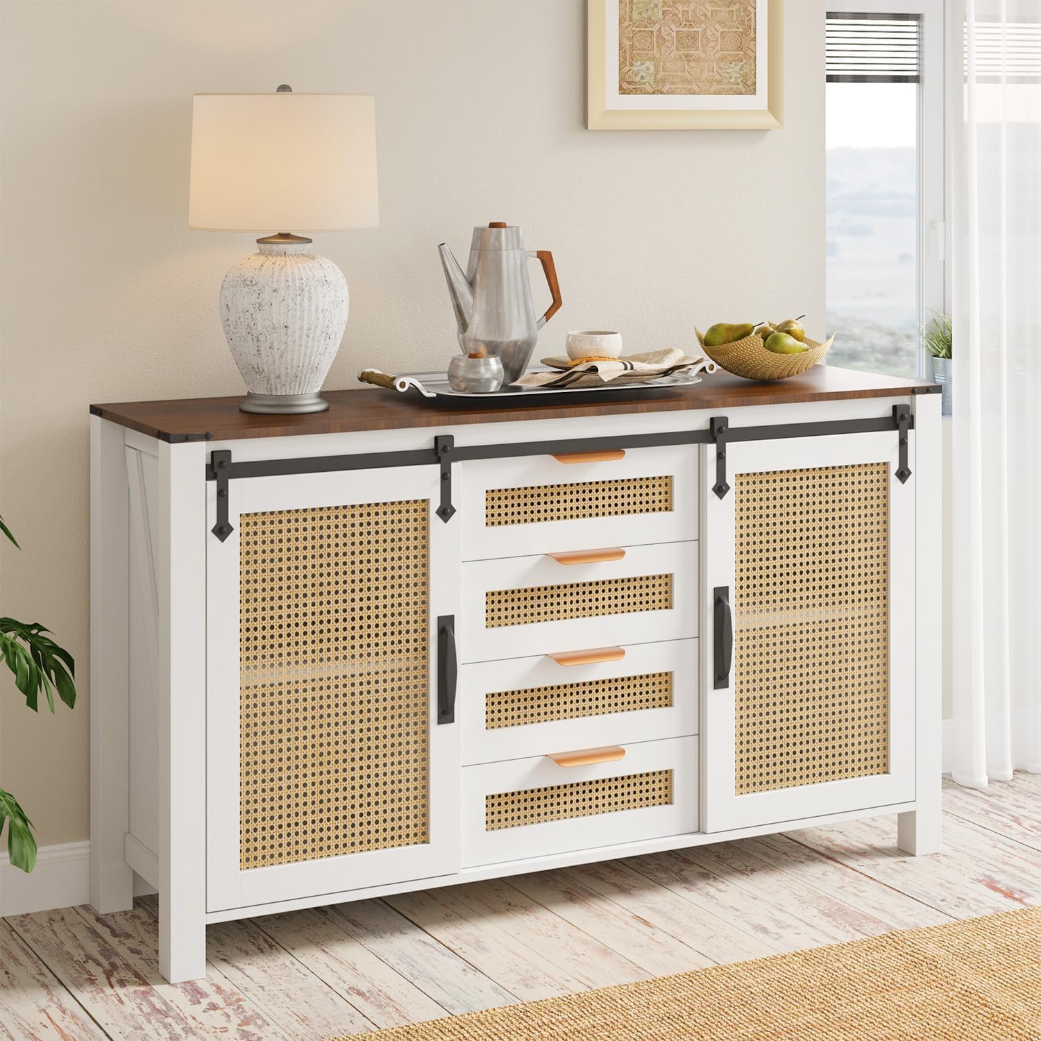 AECOJOY – Buffet en rotin avec rangement, armoire de cuisine Farmhouse avec portes de grange coulissantes et 4 tiroirs, blanc