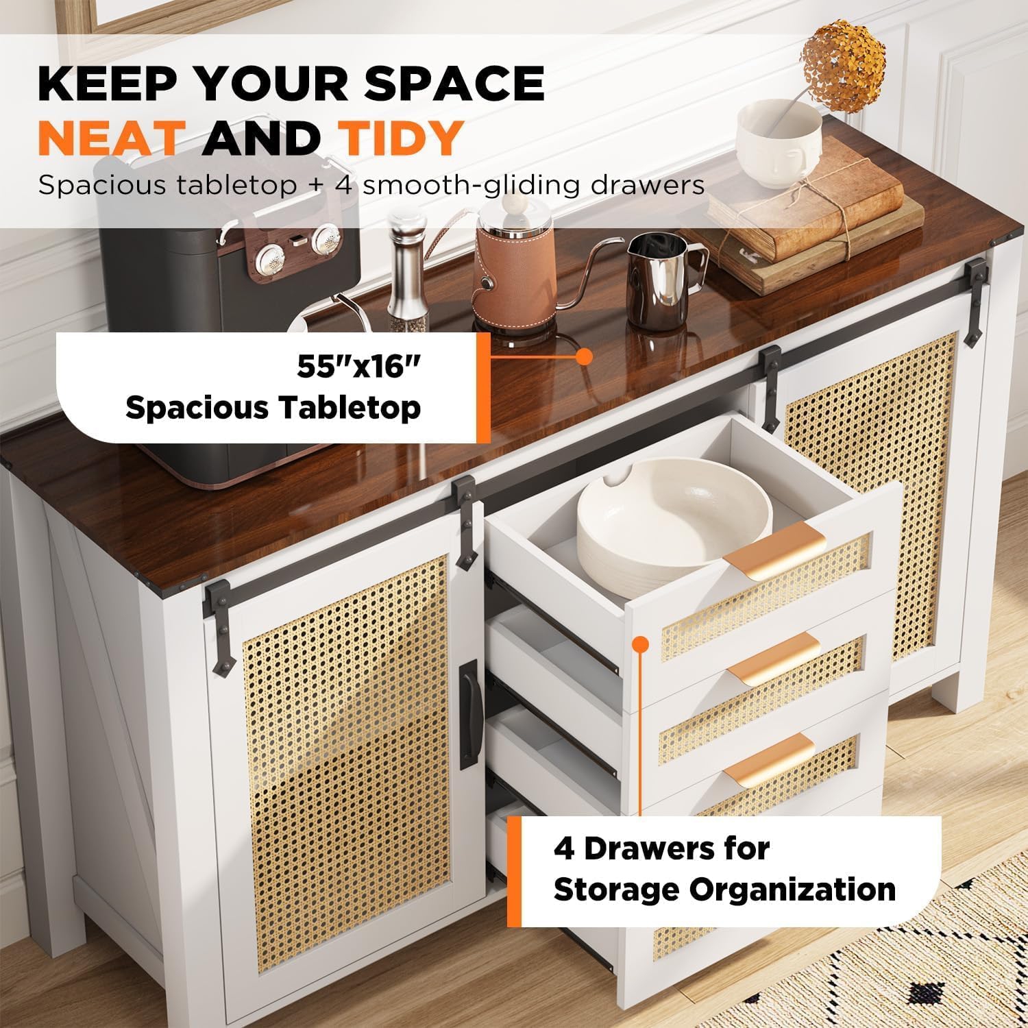 AECOJOY – Buffet en rotin avec rangement, armoire de cuisine Farmhouse avec portes de grange coulissantes et 4 tiroirs, blanc