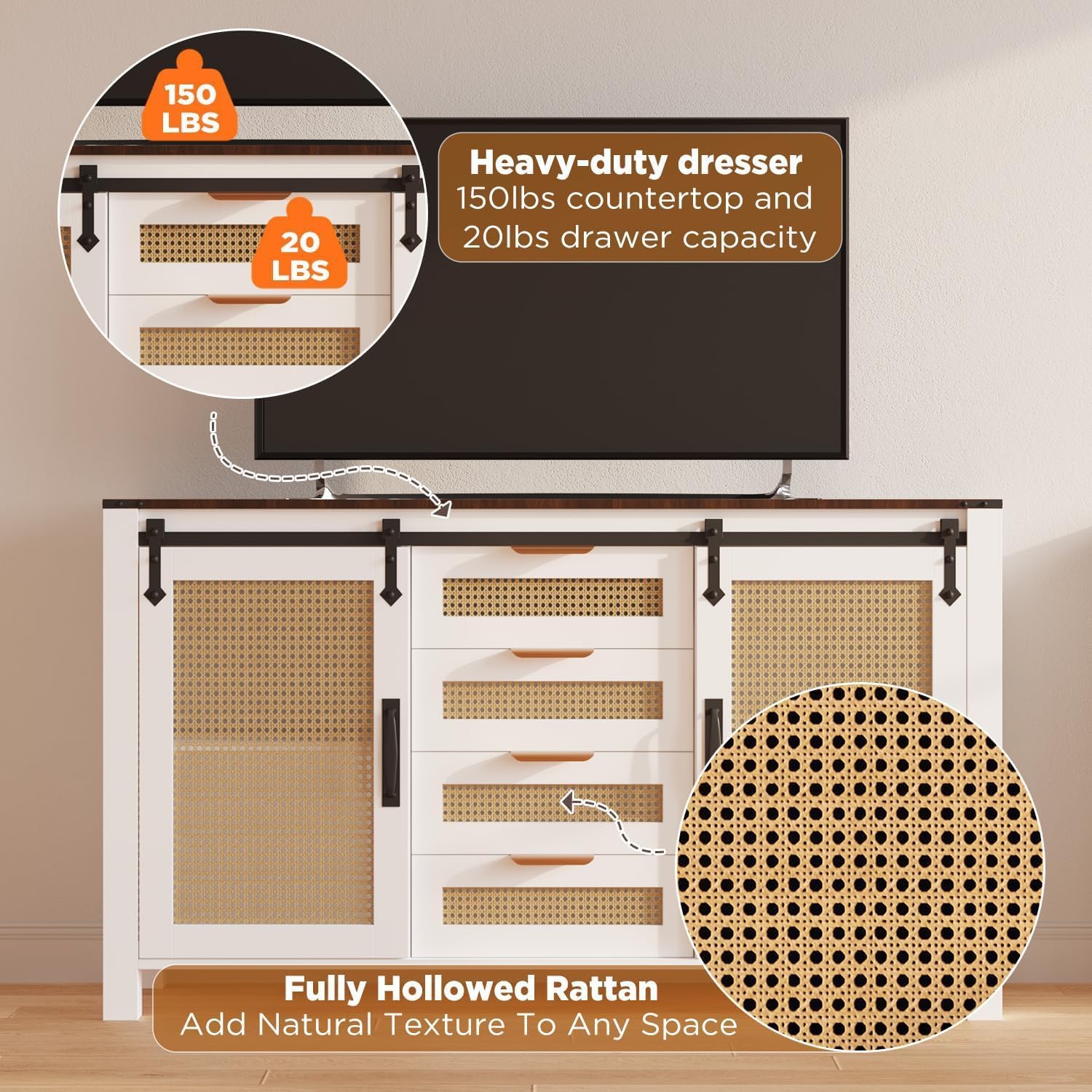 AECOJOY – Buffet en rotin avec rangement, armoire de cuisine Farmhouse avec portes de grange coulissantes et 4 tiroirs, blanc