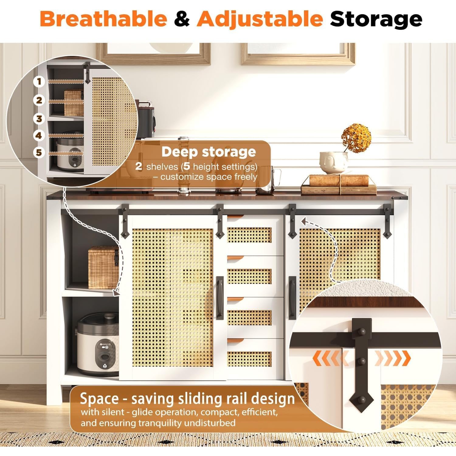 AECOJOY – Buffet en rotin avec rangement, armoire de cuisine Farmhouse avec portes de grange coulissantes et 4 tiroirs, blanc