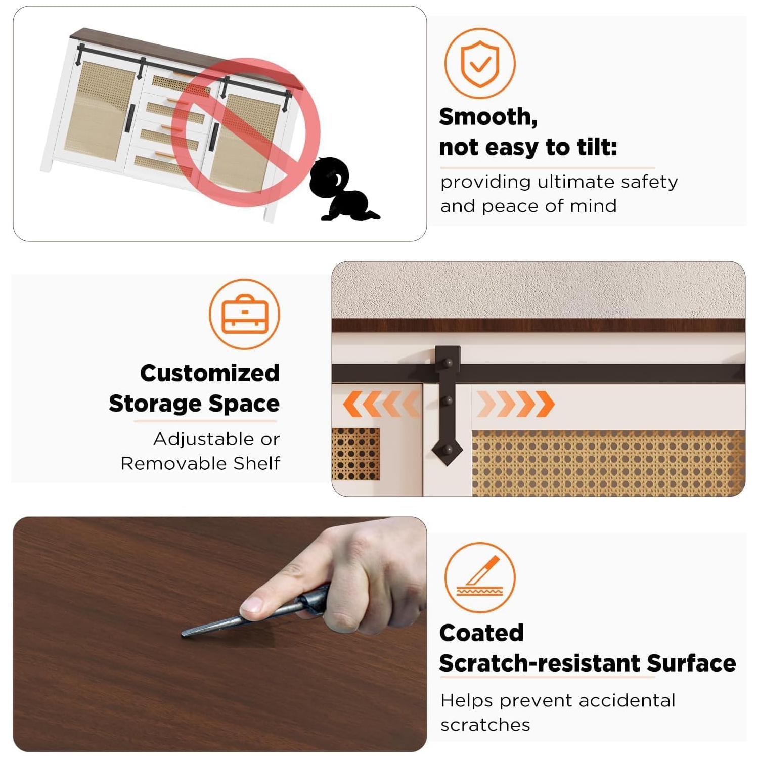 AECOJOY – Buffet en rotin avec rangement, armoire de cuisine Farmhouse avec portes de grange coulissantes et 4 tiroirs, blanc