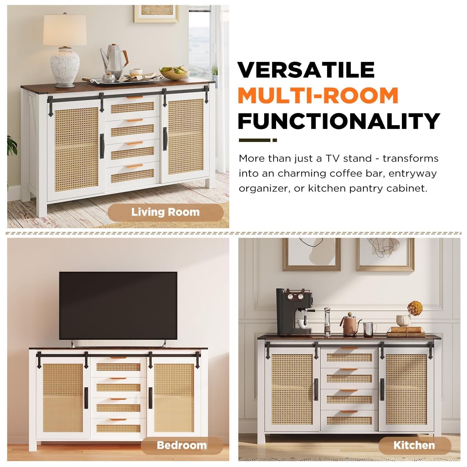 AECOJOY – Buffet en rotin avec rangement, armoire de cuisine Farmhouse avec portes de grange coulissantes et 4 tiroirs, blanc