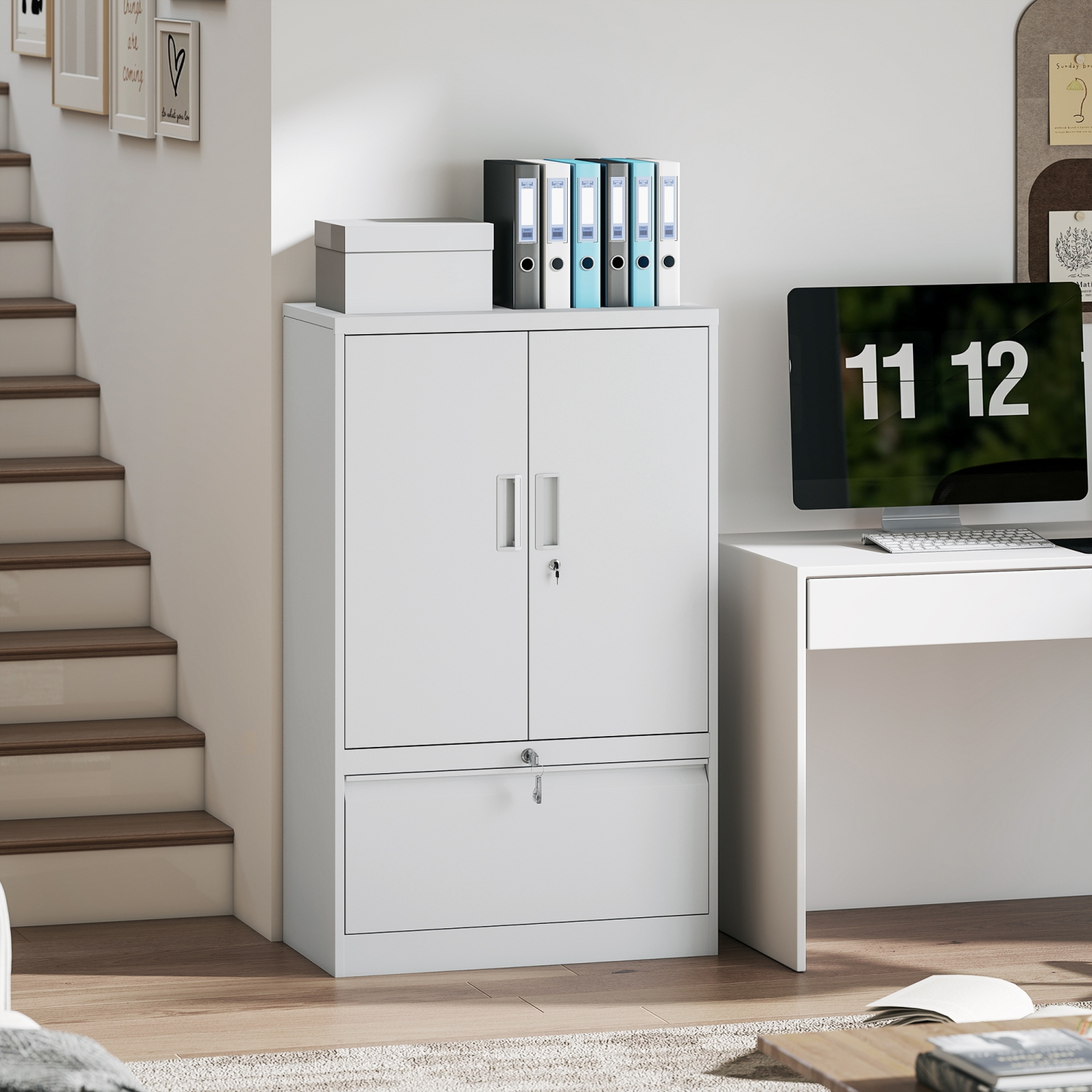 HOMCOM – Armoire de rangement en métal avec verrous, classeur latéral avec tablette réglable et tiroir classeur pour dossiers A4/lettre/légal/F4,