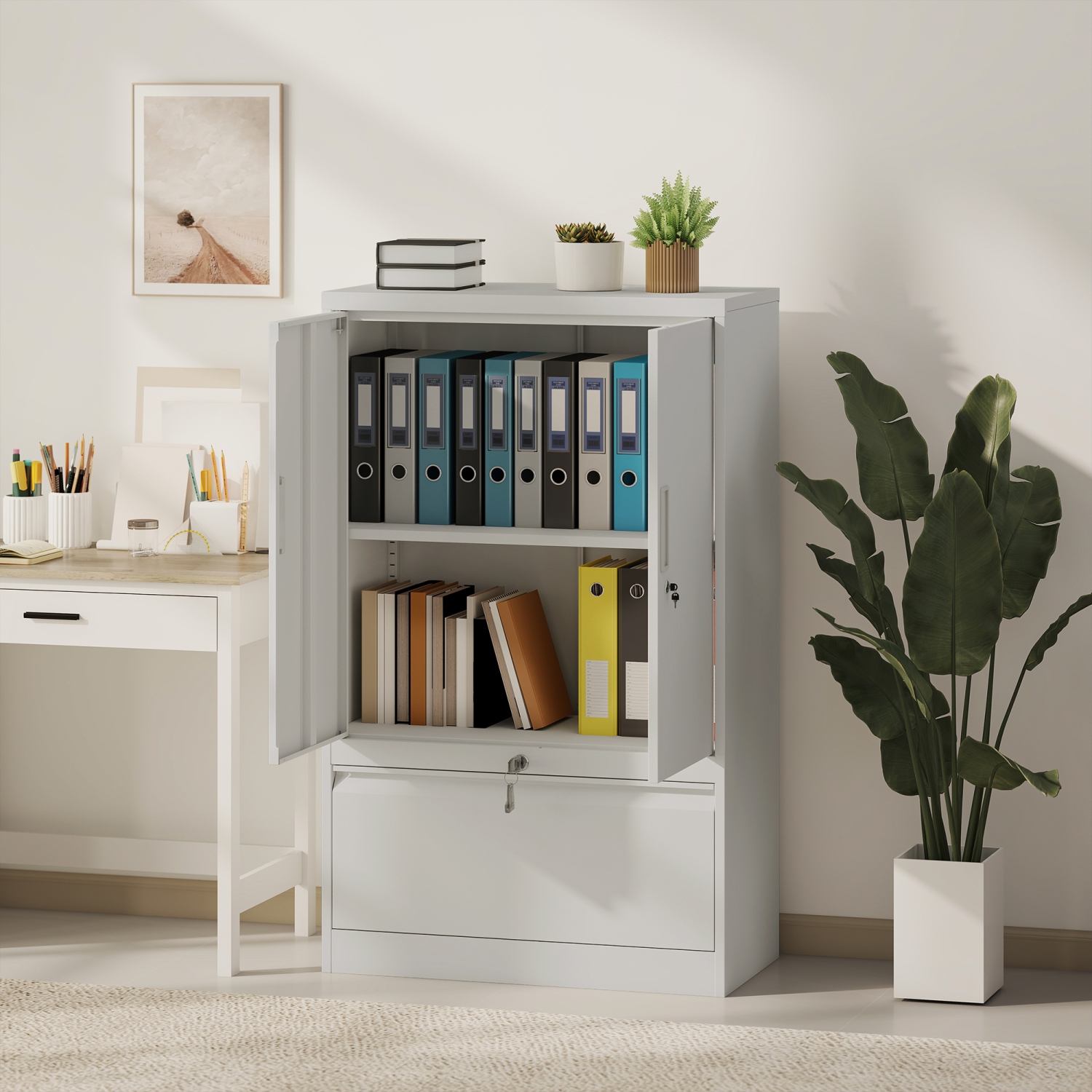 HOMCOM – Armoire de rangement en métal avec verrous, classeur latéral avec tablette réglable et tiroir classeur pour dossiers A4/lettre/légal/F4,