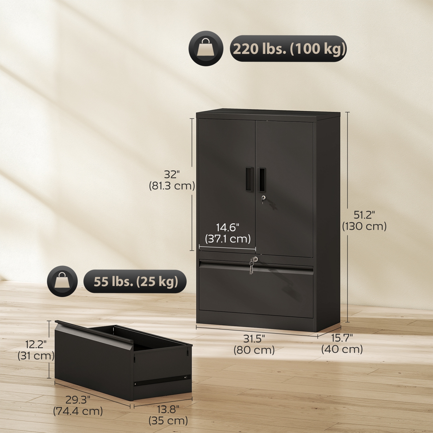 HOMCOM – Armoire de rangement en métal avec verrous, classeur latéral avec tablette réglable et tiroir classeur pour dossiers A4/lettre/légal/F4,