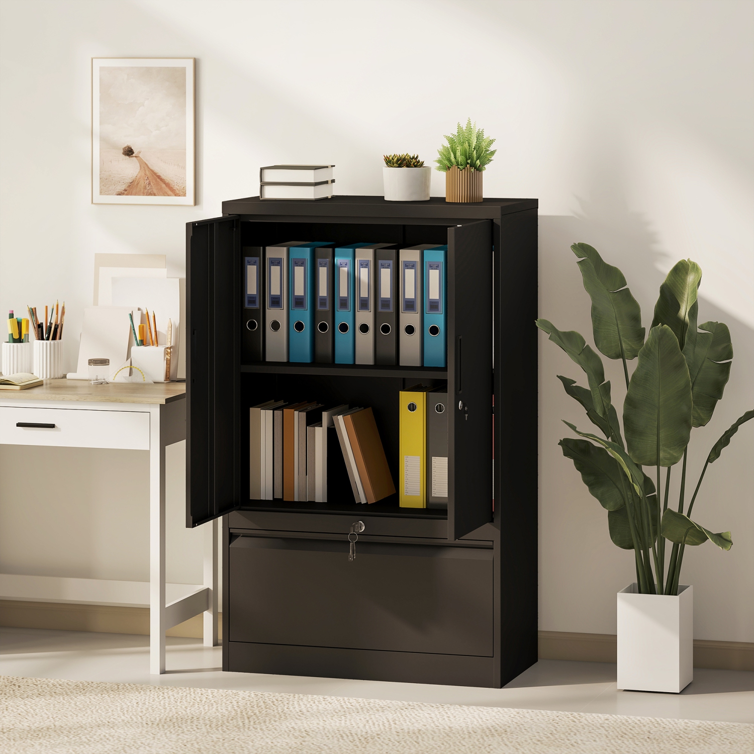 HOMCOM – Armoire de rangement en métal avec verrous, classeur latéral avec tablette réglable et tiroir classeur pour dossiers A4/lettre/légal/F4,