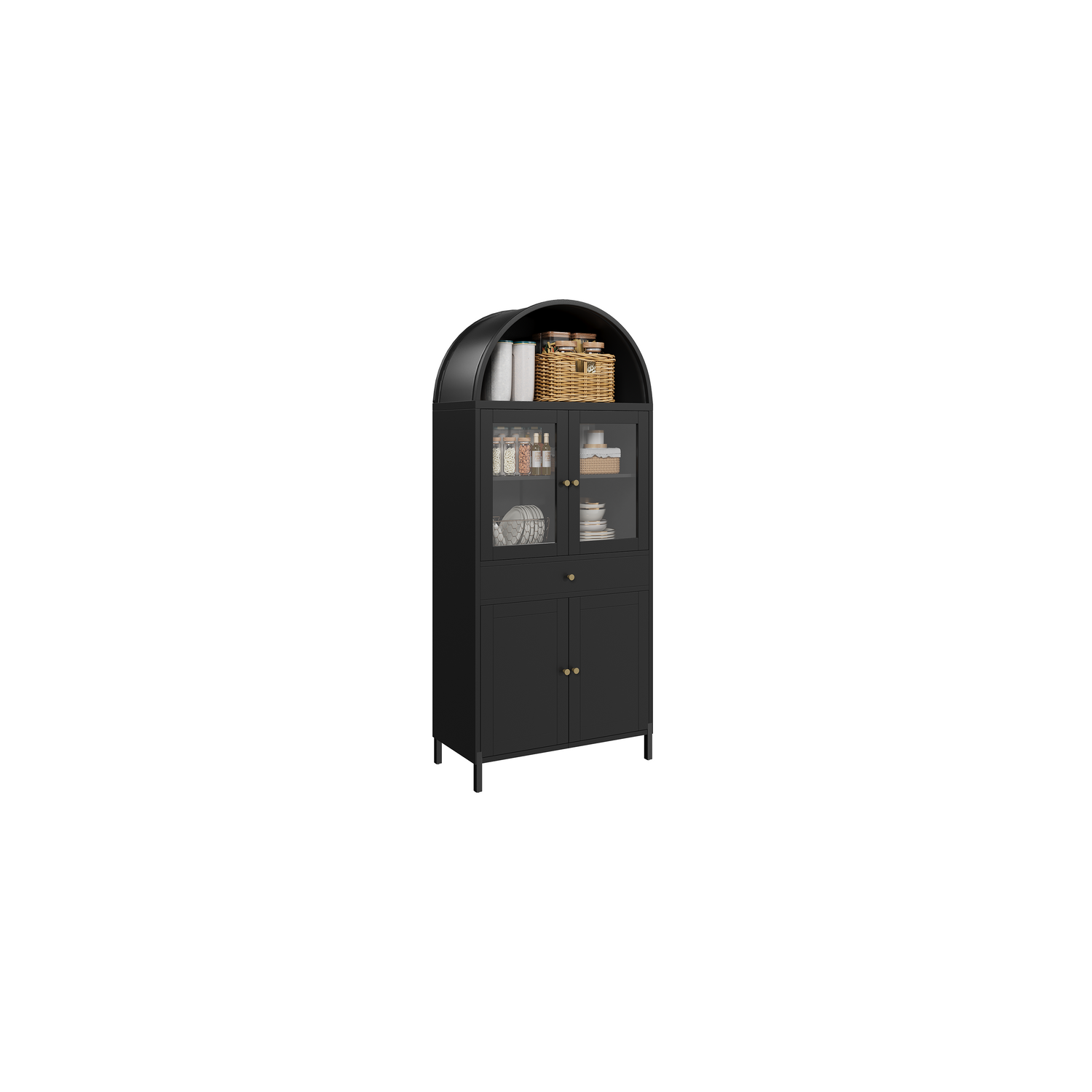 AECOJOY – Armoire de présentation en métal arquée, garde-manger moderne avec portes, tiroir et tablettes réglables, 73&nbsp;po