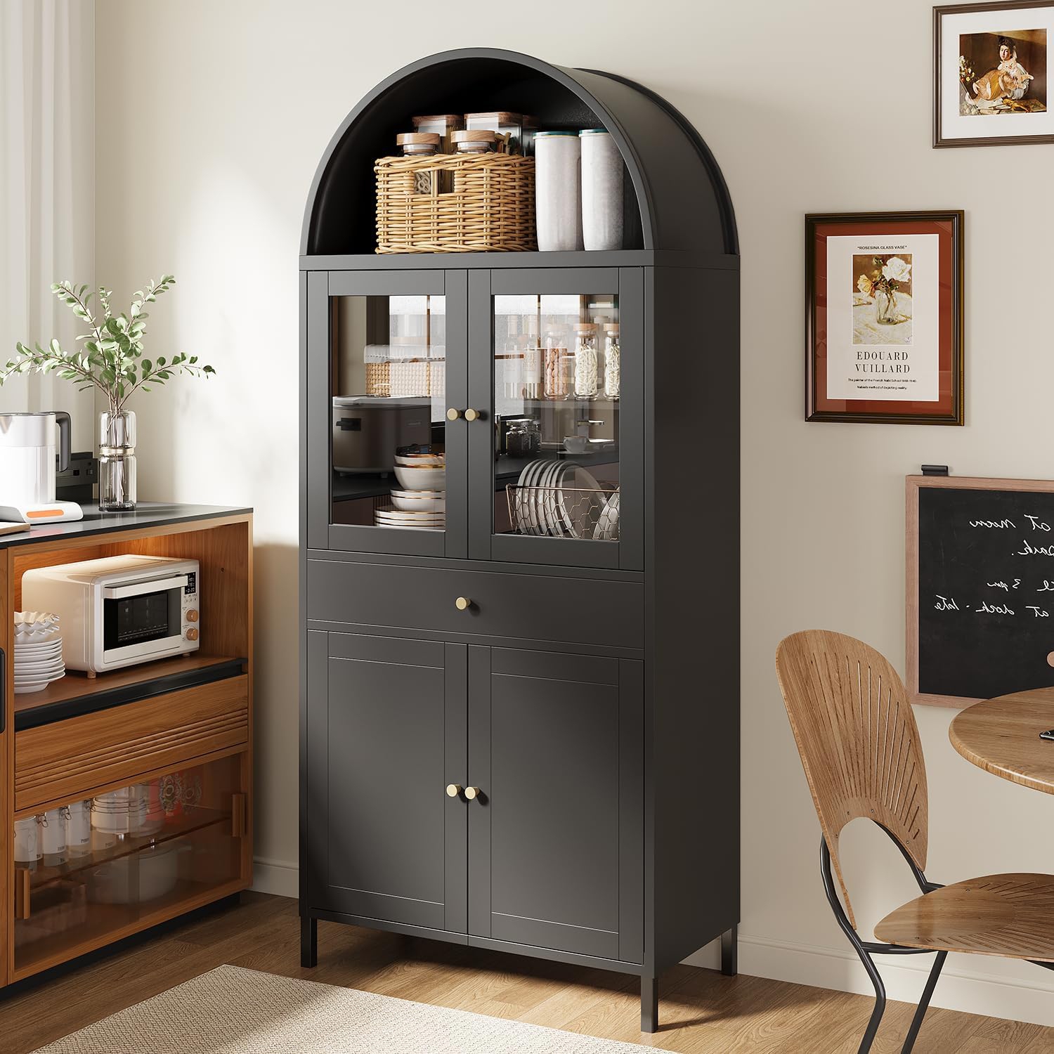 AECOJOY – Armoire de présentation en métal arquée, garde-manger moderne avec portes, tiroir et tablettes réglables, 73&nbsp;po