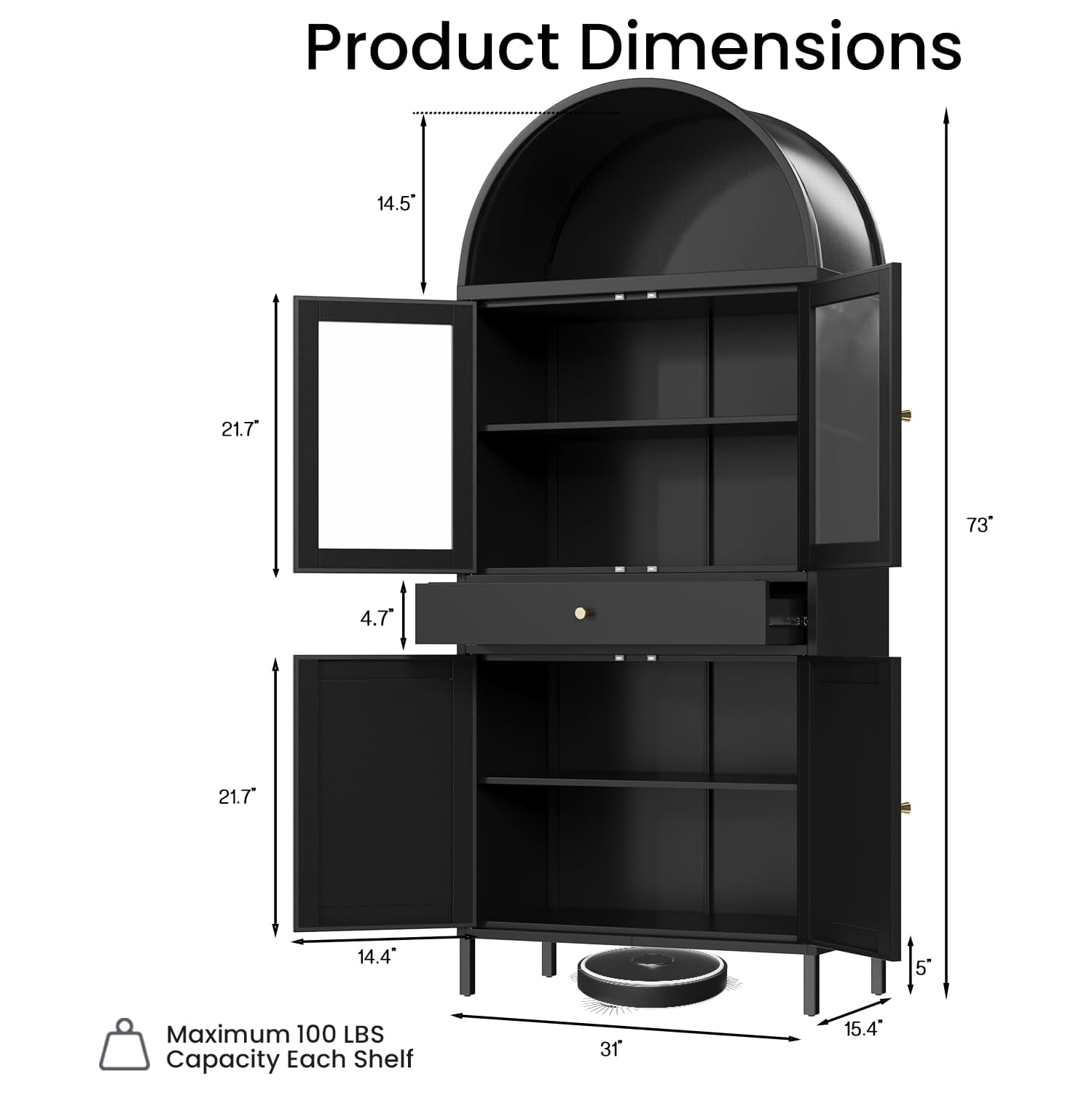 AECOJOY – Armoire de présentation en métal arquée, garde-manger moderne avec portes, tiroir et tablettes réglables, 73&nbsp;po