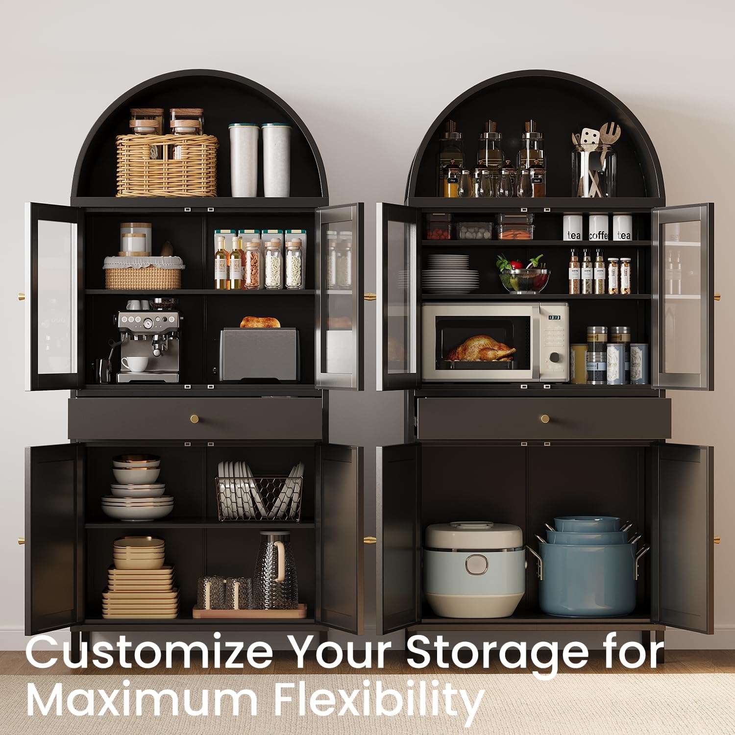 AECOJOY – Armoire de présentation en métal arquée, garde-manger moderne avec portes, tiroir et tablettes réglables, 73&nbsp;po