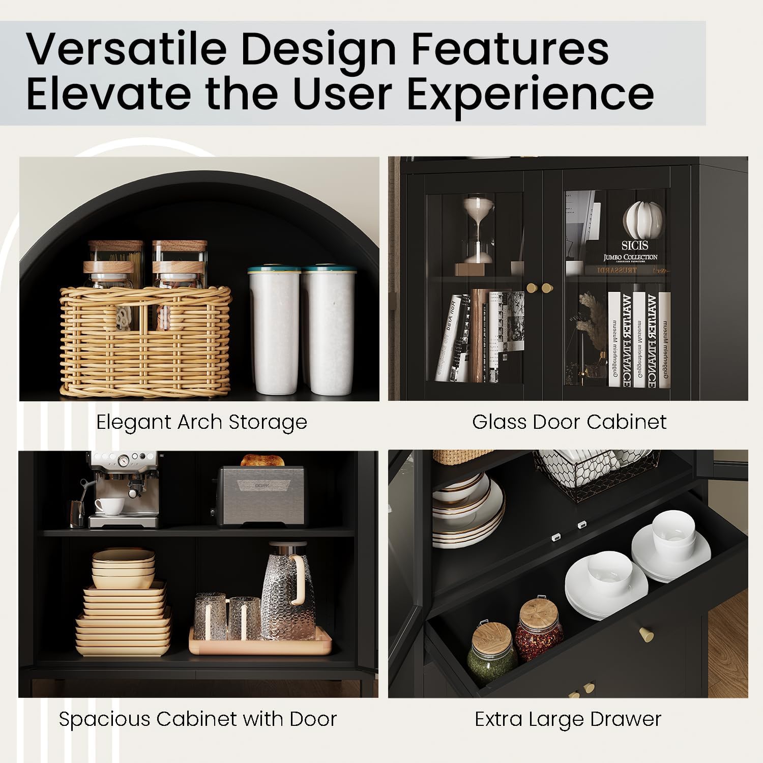 AECOJOY – Armoire de présentation en métal arquée, garde-manger moderne avec portes, tiroir et tablettes réglables, 73&nbsp;po