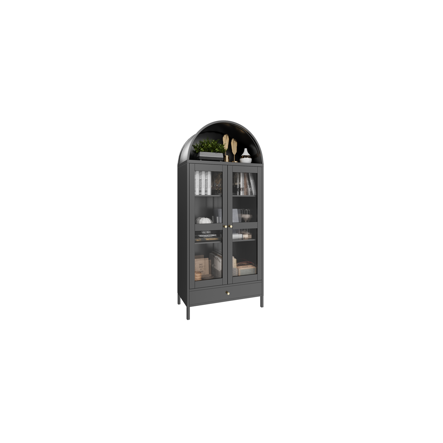 AECOJOY 73'' Arched Metal Bookcase Cabinet, Modern Kitchen Pantry with Glass Door, Drawer & Adjustable Shelves