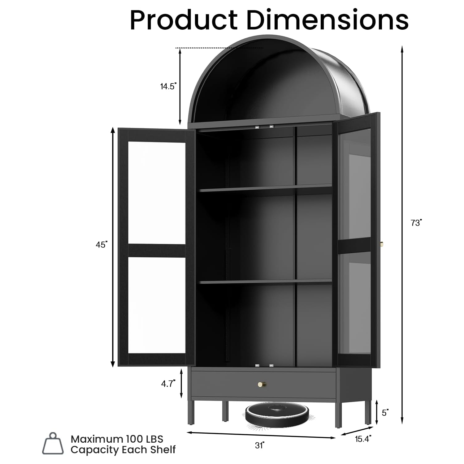 AECOJOY 73'' Arched Metal Bookcase Cabinet, Modern Kitchen Pantry with Glass Door, Drawer & Adjustable Shelves